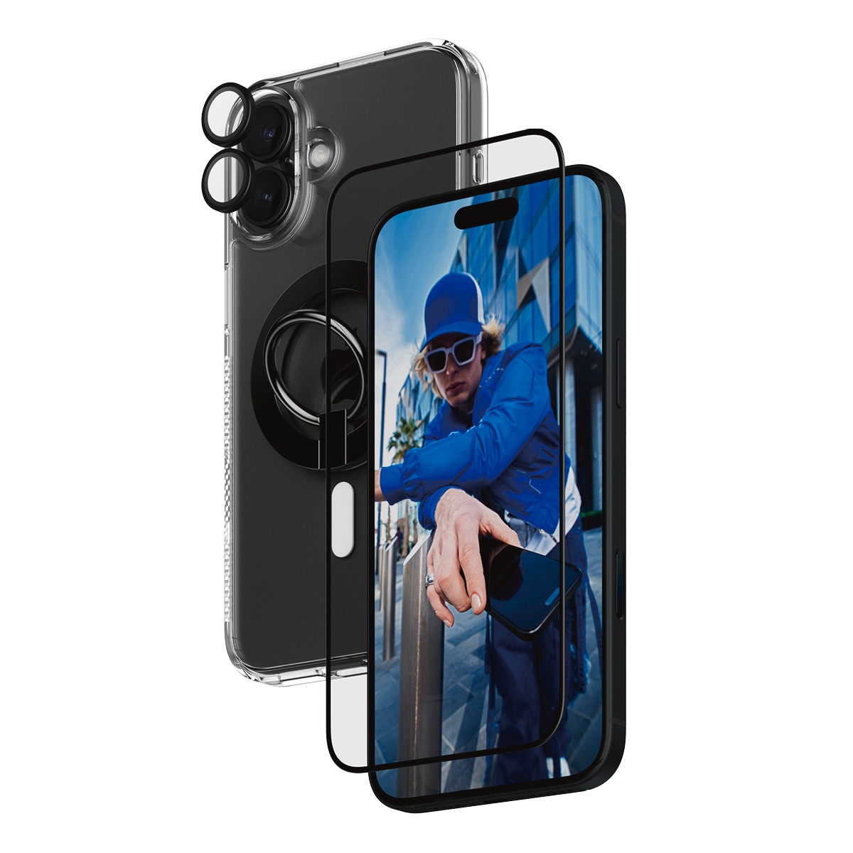 PanzerGlass Displayschutzglas »4-in-1 Protection, Glass, Hoops, Case, Ring Mount« für Apple iPhone 16 Plus Displayschutzfolie, Schutzfolie, Bildschirmschutz, kratz- & stoßfest