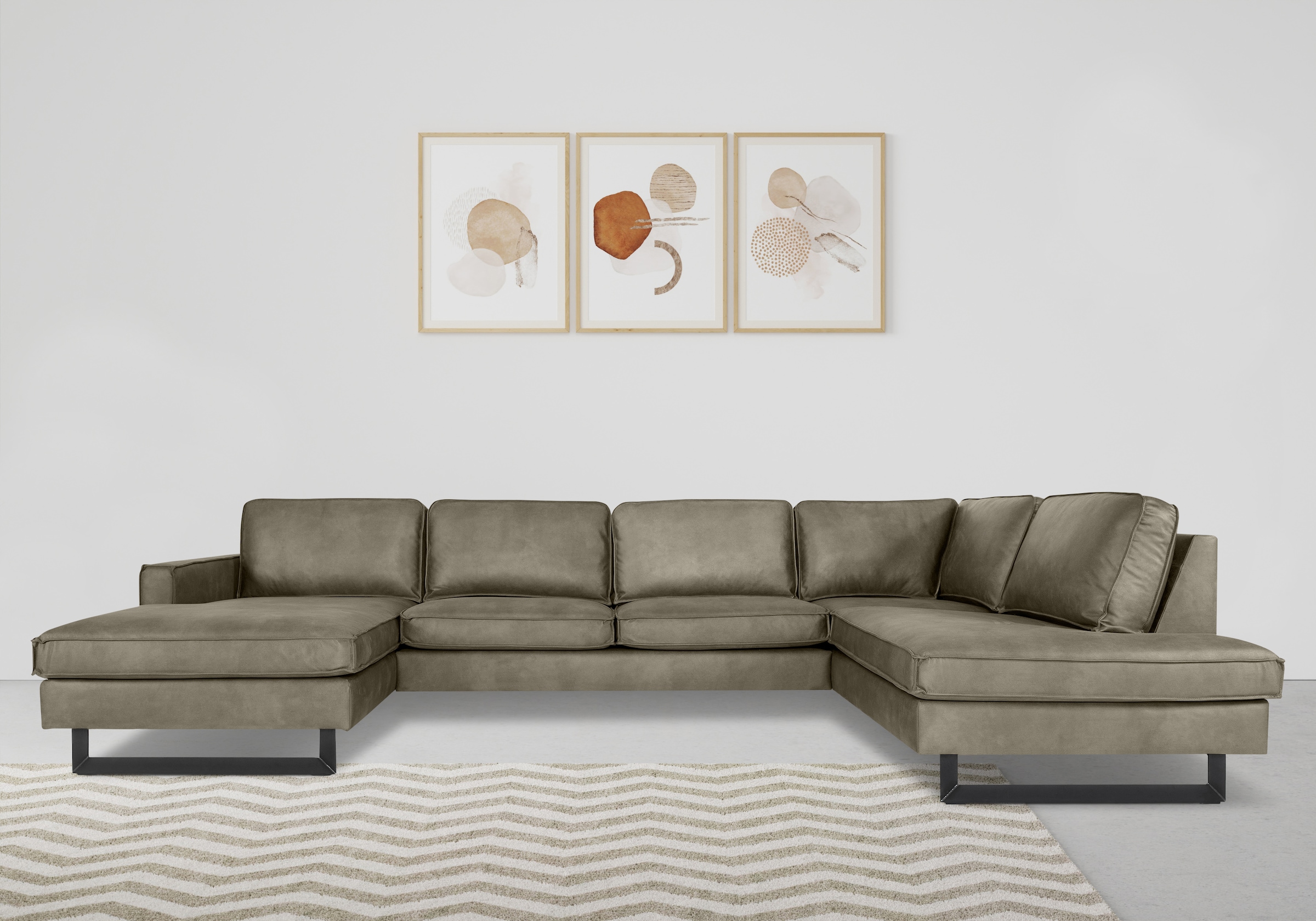 Places of Style Wohnlandschaft »Pinto, 350 cm, U-Form, XXL, mit Ottomanen«, Cord, Chenille, Lederoptik, mit Keder, Metallfüße, Wellenunterfederung