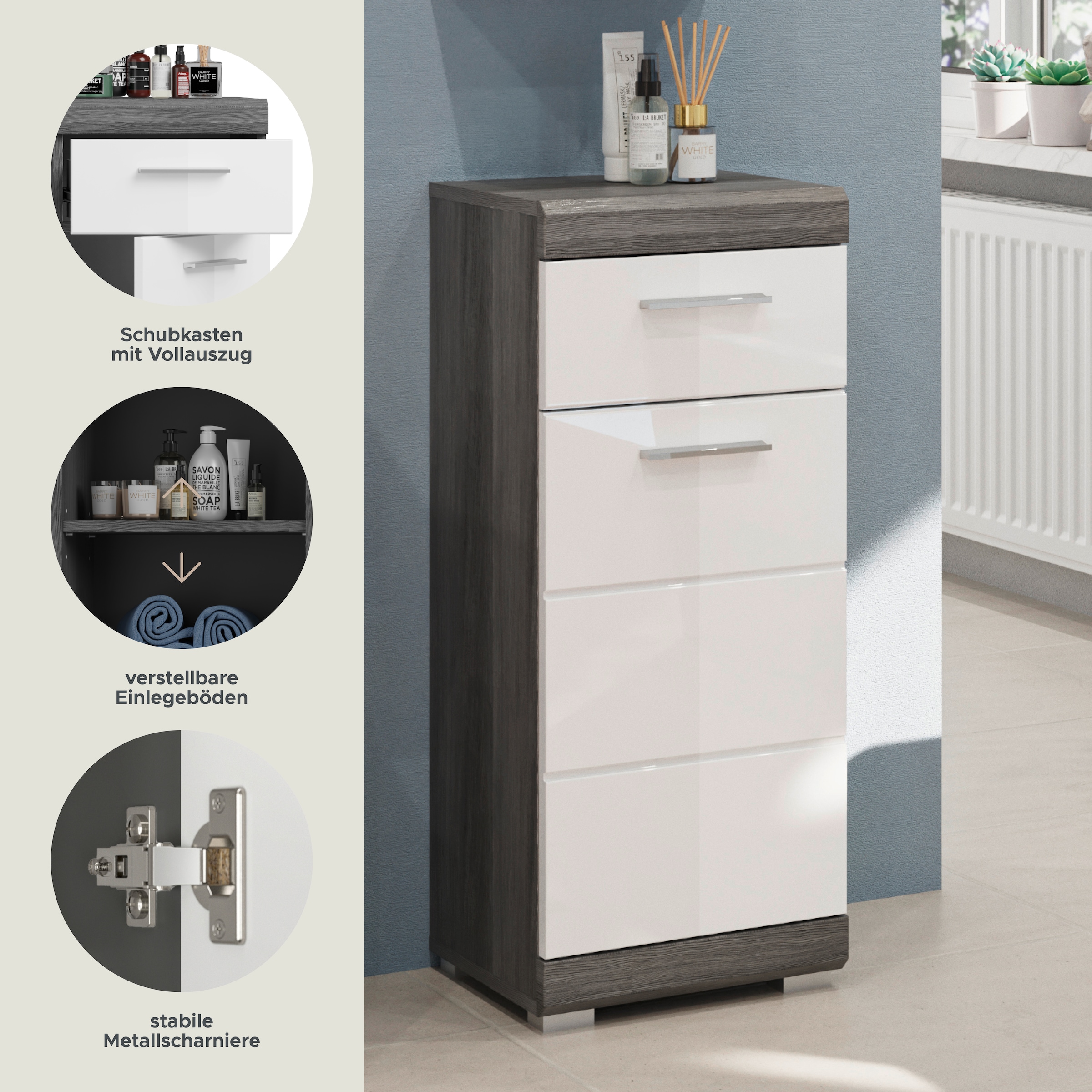 INOSIGN Unterschrank »Siena, Breite 37cm, 1 Tür, 1 Schubkasten, 2 Fächer, MDF-Front«, (1 St.), in verschiedenen Farben erhältlich, Badmöbel, Badschrank, Kommode, Bad