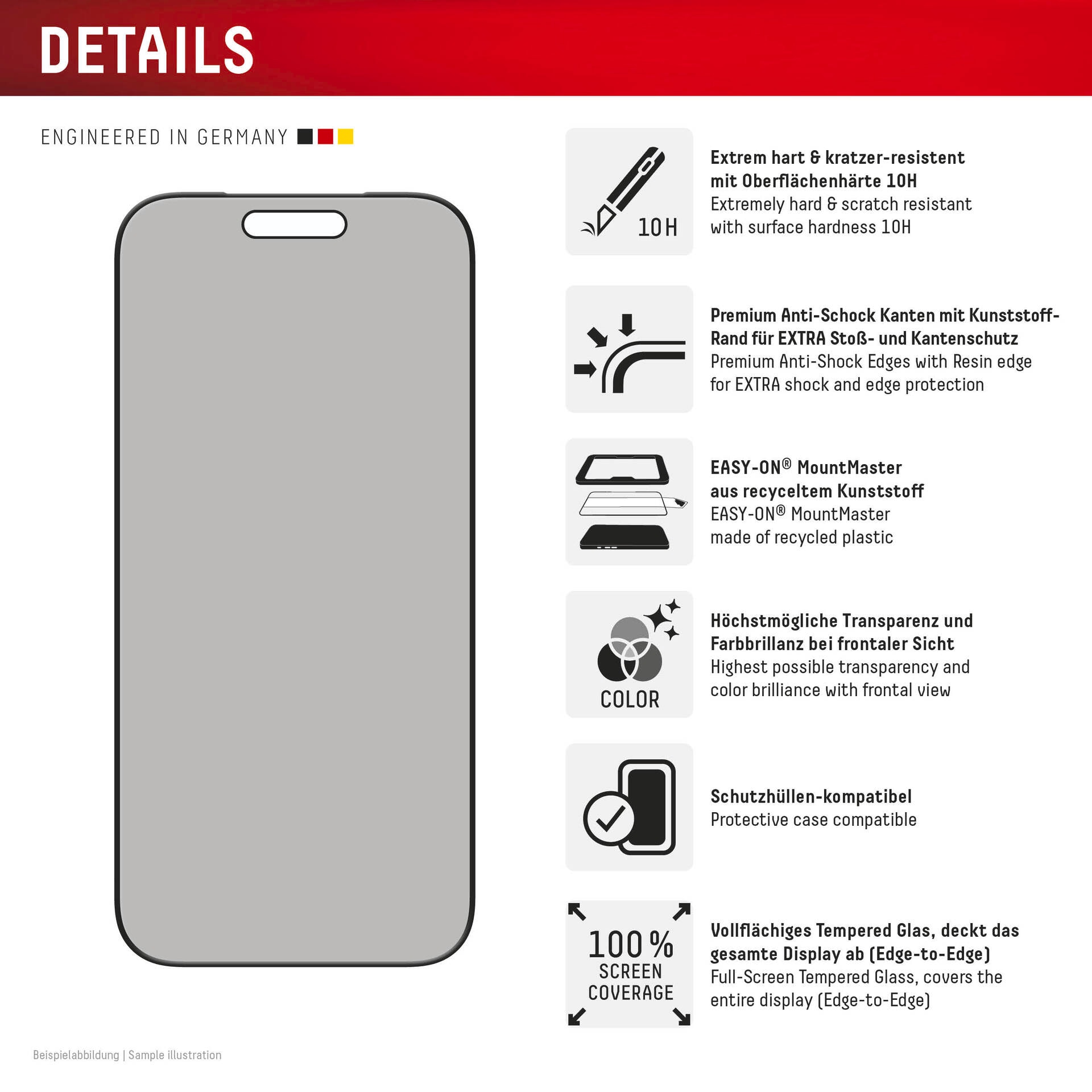 Displex Displayschutzglas »Privacy Glass Screen Protector mit EASY-ON MountMaster« für Apple iPhone 17 Displayschutzfolie, Schutzfolie, Bildschirmschutz, kratz- & stoßfest