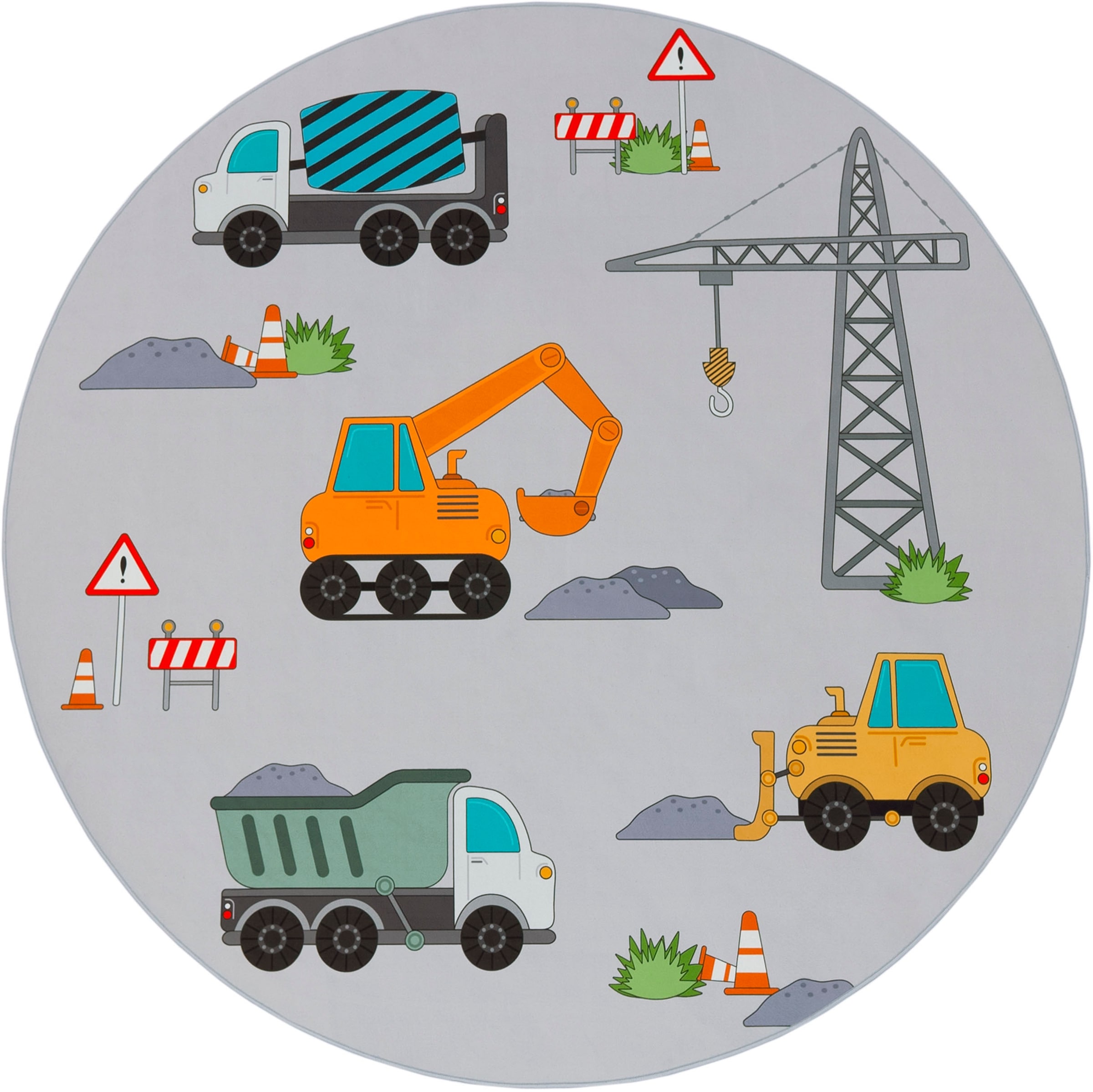 Paco Home Kinderteppich »Bino 579«, rund, 4 mm Höhe, Spielteppich, Motiv Autos & Baustelle, Kinderzimmer