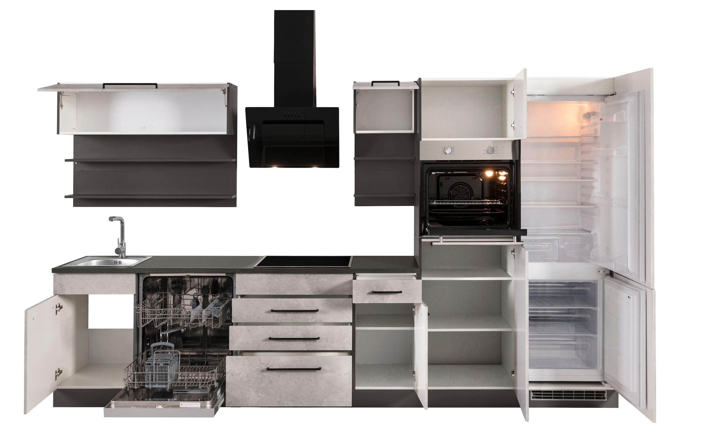 KOCHSTATION Küchenzeile »KS-Tulsa«, ohne E-Geräte, Breite 330 cm, schwarze Metallgriffe, MDF Fronten