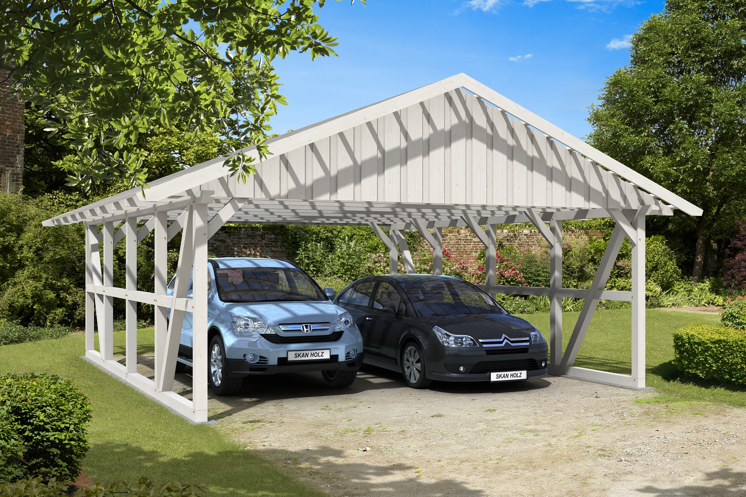 Skanholz Doppelcarport »Schwarzwald«, KVH-Fichte, 560 cm, Weiß, mit Dachlattung