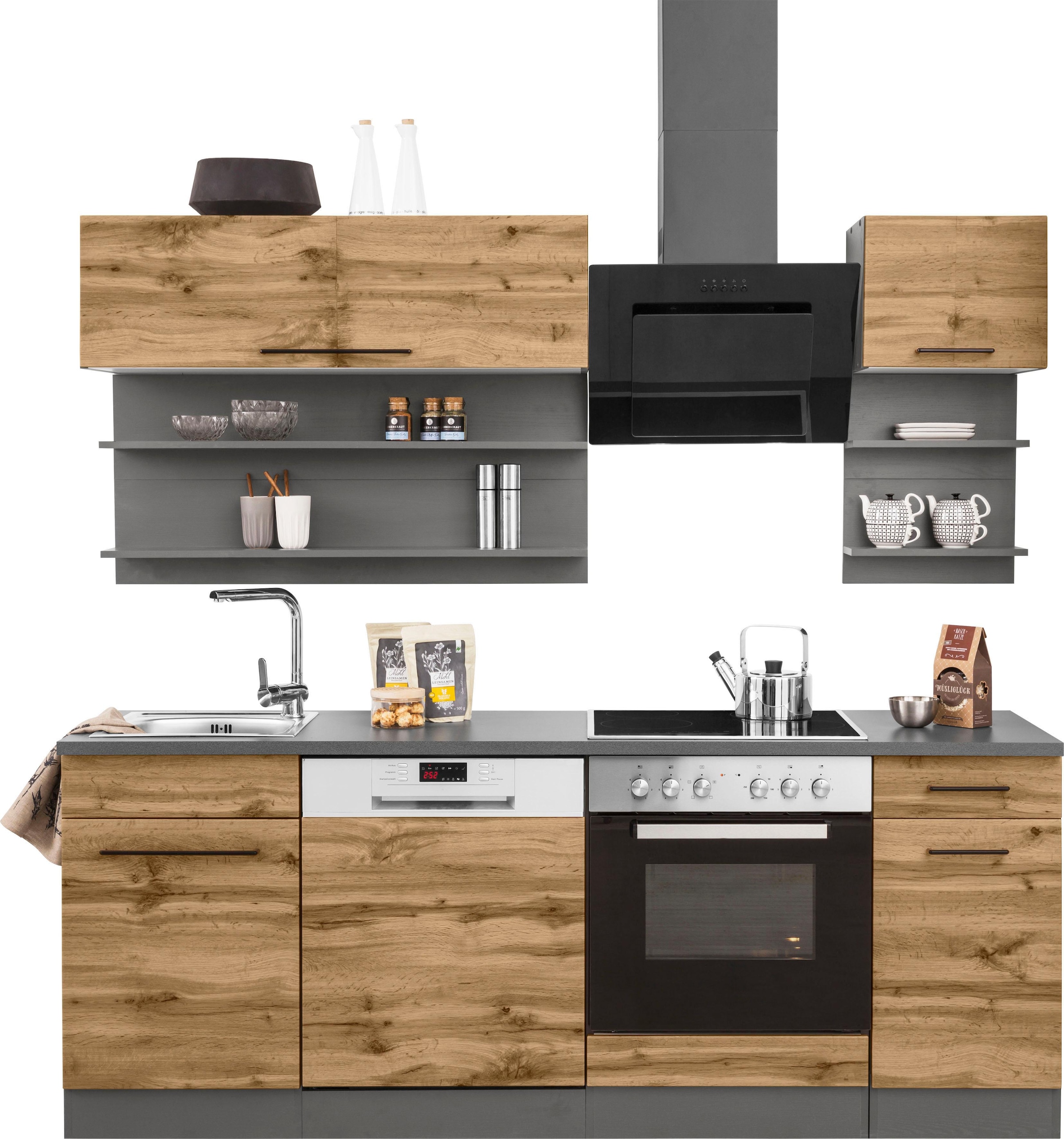 KOCHSTATION Küchenzeile »KS-Tulsa«, ohne E-Geräte, Breite 210 cm, schwarze Metallgriffe, MDF Fronten