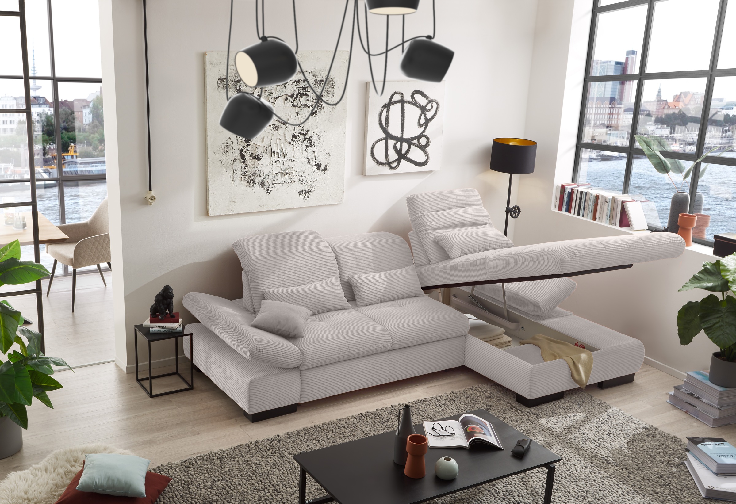 set one by Musterring Ecksofa »SO4100 V«, mit verstellbaren Kopfteilen, wahlweise mit Funktionen, Cord-Bezug