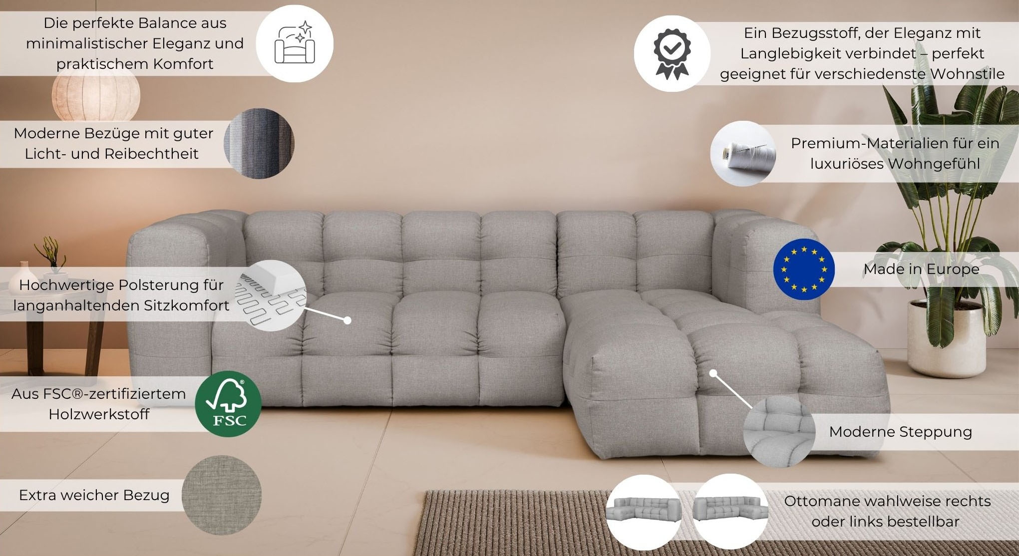 LeGer Home by Lena Gercke Ecksofa »TALISHA L-Form Designersofa, moderne Steppung, B/T/H: 276/178/75 cm«, aufwendig gepolstert, hoher Sitzkomfort