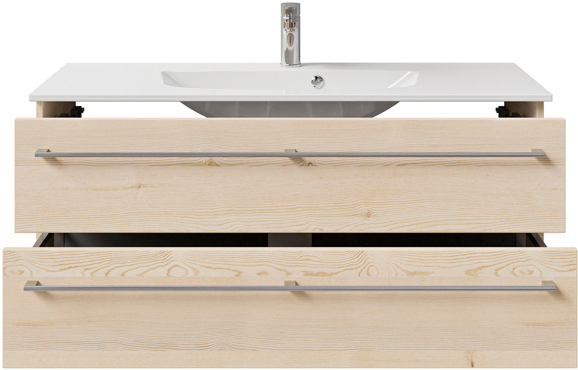 Saphir Badmöbel-Set »Serie 6025 2-teilig Mineralmarmor-Waschtisch mit LED-Spiegelschrank«, (2 St.), Waschplatz 117cm breit, 2 Schubladen, 3 Spiegel-Türen, inkl Türdämpfer