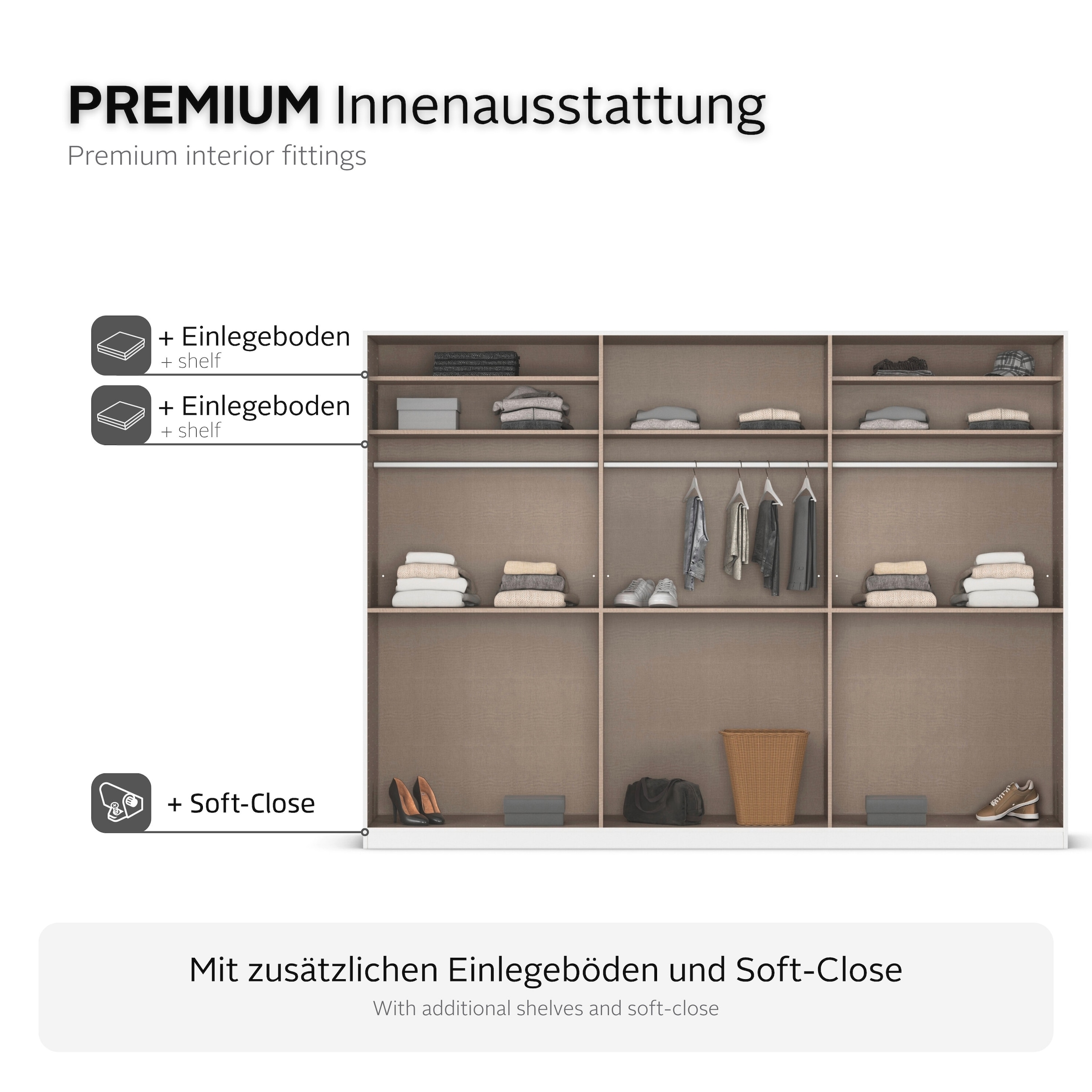 OTTO home Kleiderschrank »Schrank Garderobe ARVEN Breiten 181/226/271cm« 3 verschiedene Ausstattungen BASIC/CLASSIC/PREMIUM (inkl. SOFT-CLOSE),  puristisches Design in Plankenoptik mit Metallgriffen MADE IN GERMANY