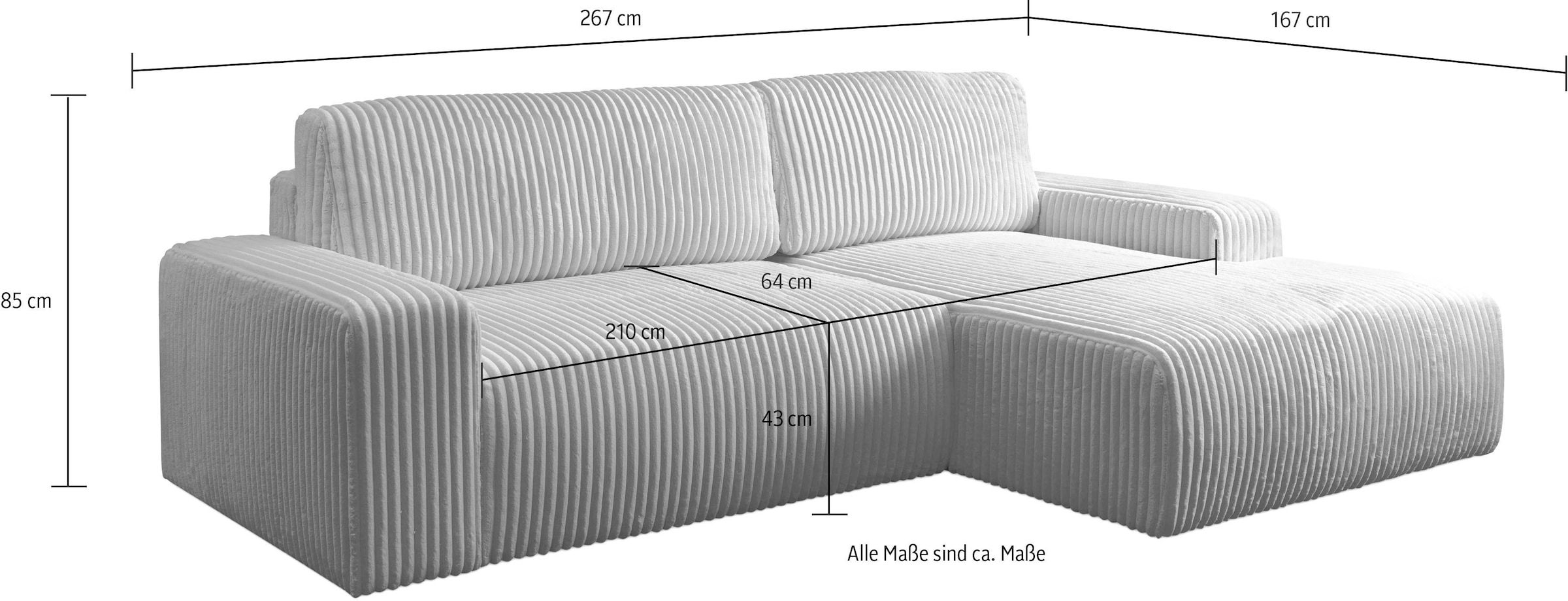 WERK2 Ecksofa »Rotterdam-L 267 x 165 cm mit Bett und Bettfunktion, bequem, Cord« Cord, L-Form, Schlaffunktion, Bettkasten