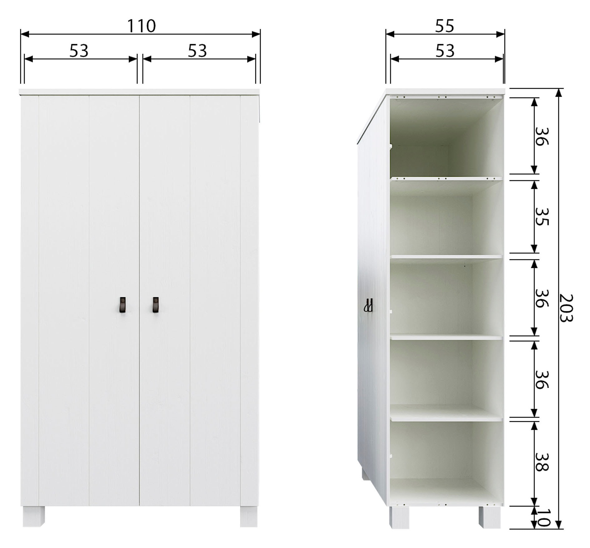 WOOOD Garderobenschrank »Ties FSC®-Kiefernholz gebürstet mit Ledergriffen, H202 x B111 x T55 cm« V-Nuten-Türen, Tragkraft 10 kg pro Einlegeboden, Melamininterieur