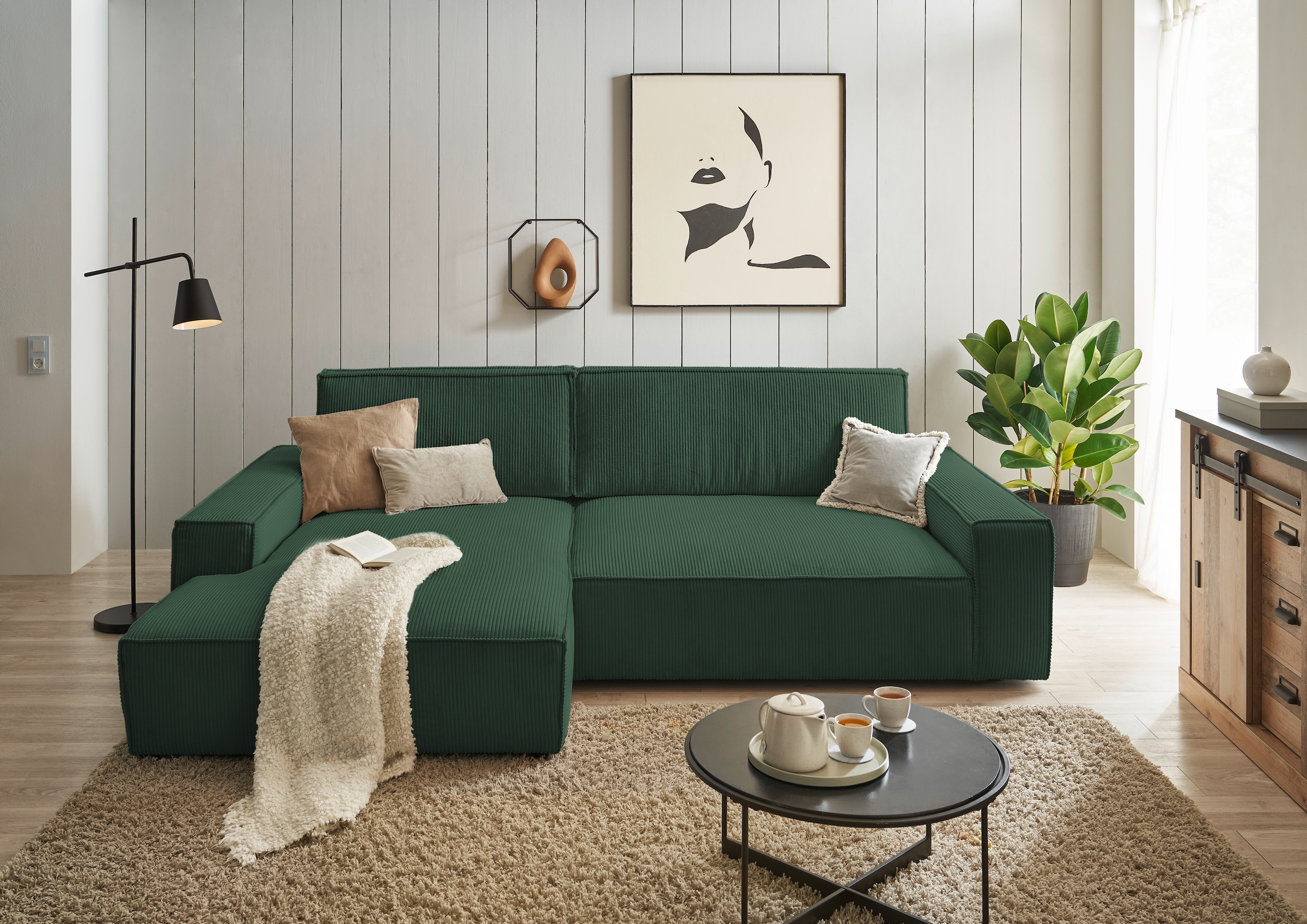 Home affaire Ecksofa »NEU: SHERWOODL XXL 284, Big-Sofa L-Form, tiefe Sitzfläche 95 cm, Cord,«, Leinenoptik, Recamiere rechts/links, auch als Schlafsofa stellbar