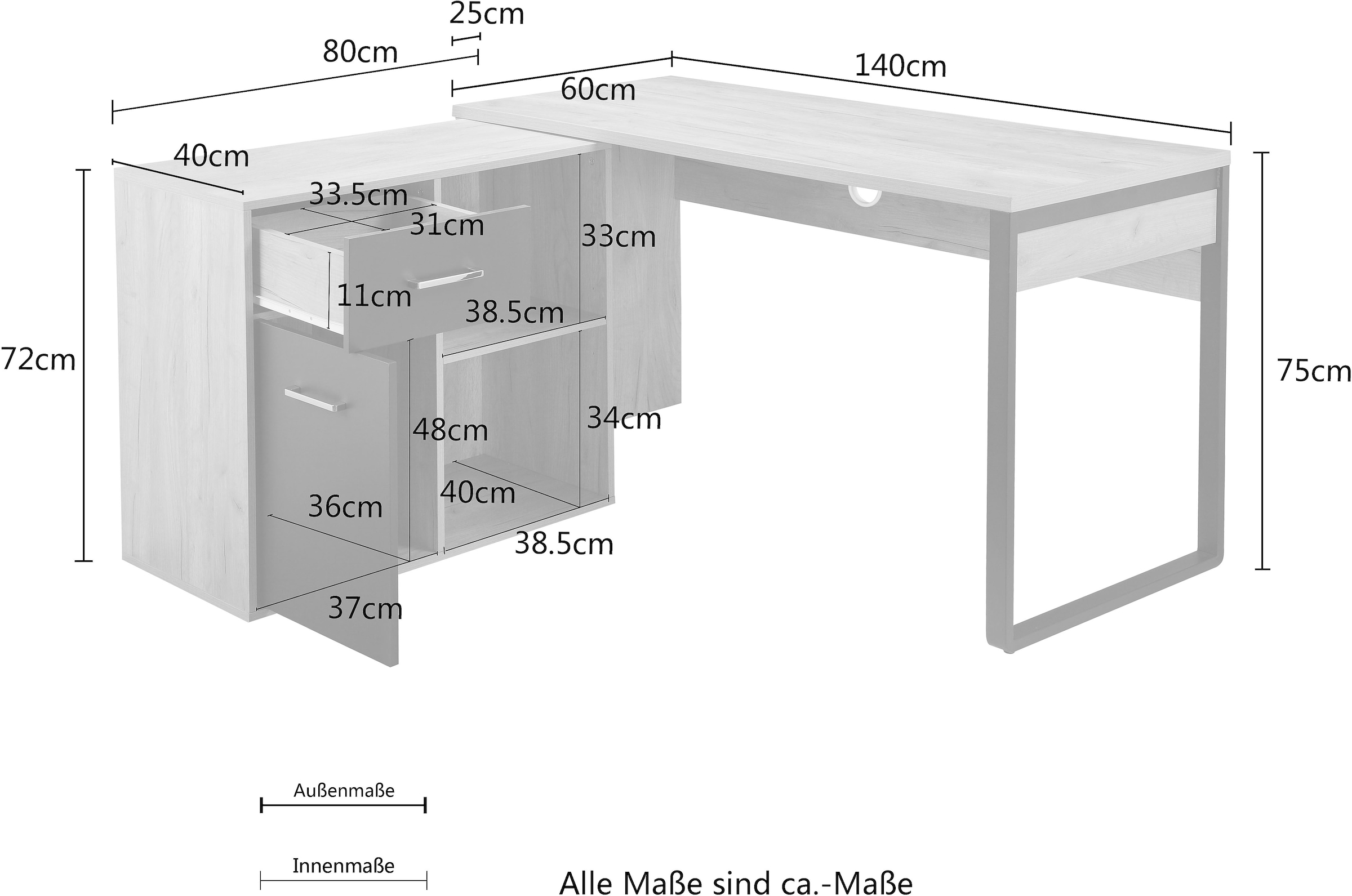 Places of Style Eckschreibtisch »Moid, Computertisch, Kabeldurchlass, mit Regalfächern,«, Schublade und Tür, flexibles Regalelement, 140x82-115 cm