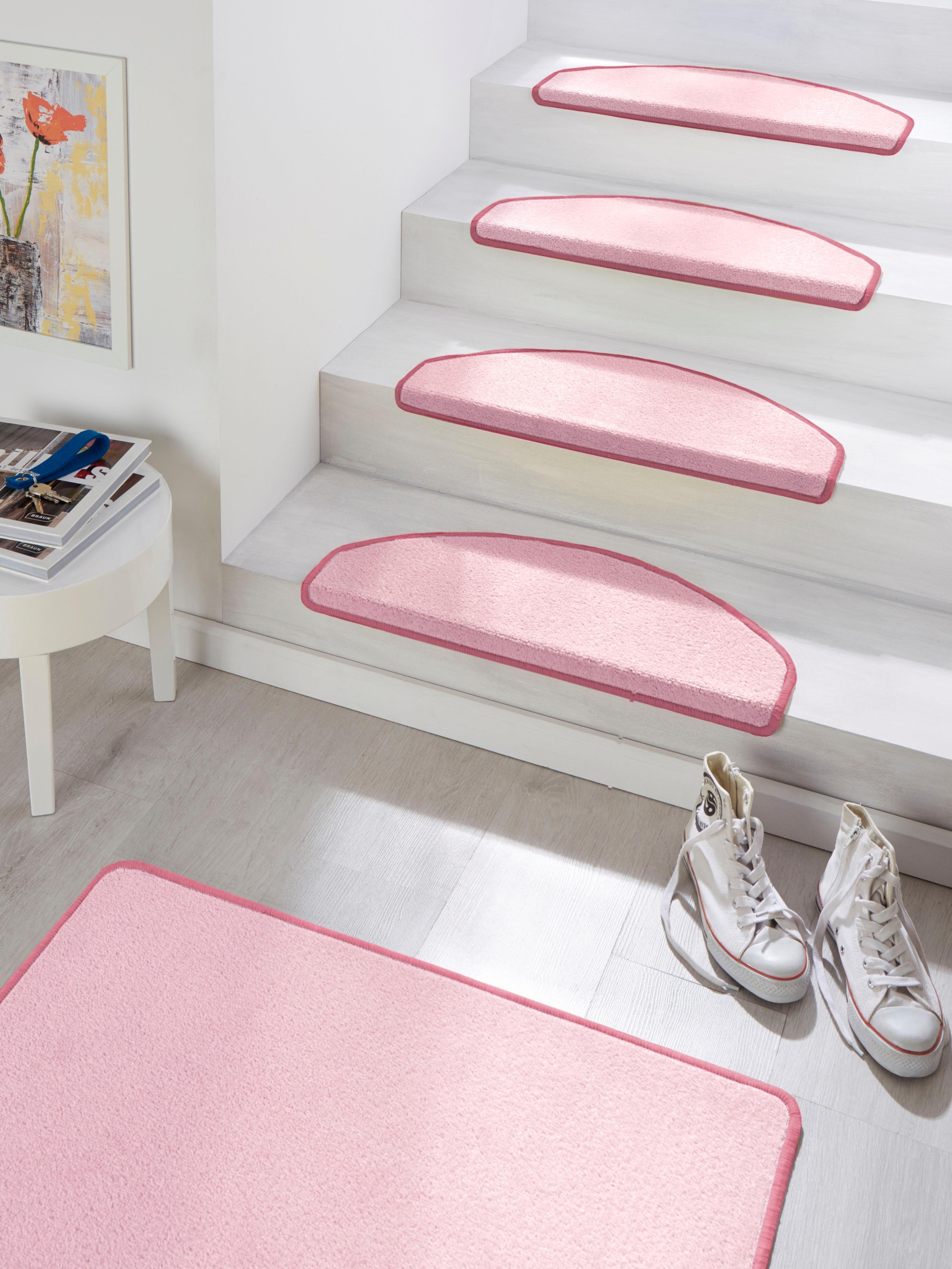 Stufenmatte „Fancy“, halbrund, 15 Stück, Treppenmatten, Selbstklebend, Stufenteppich, Treppenstufen rosa 7 mm B/L: 23 cm x 65 cm – 7 mm