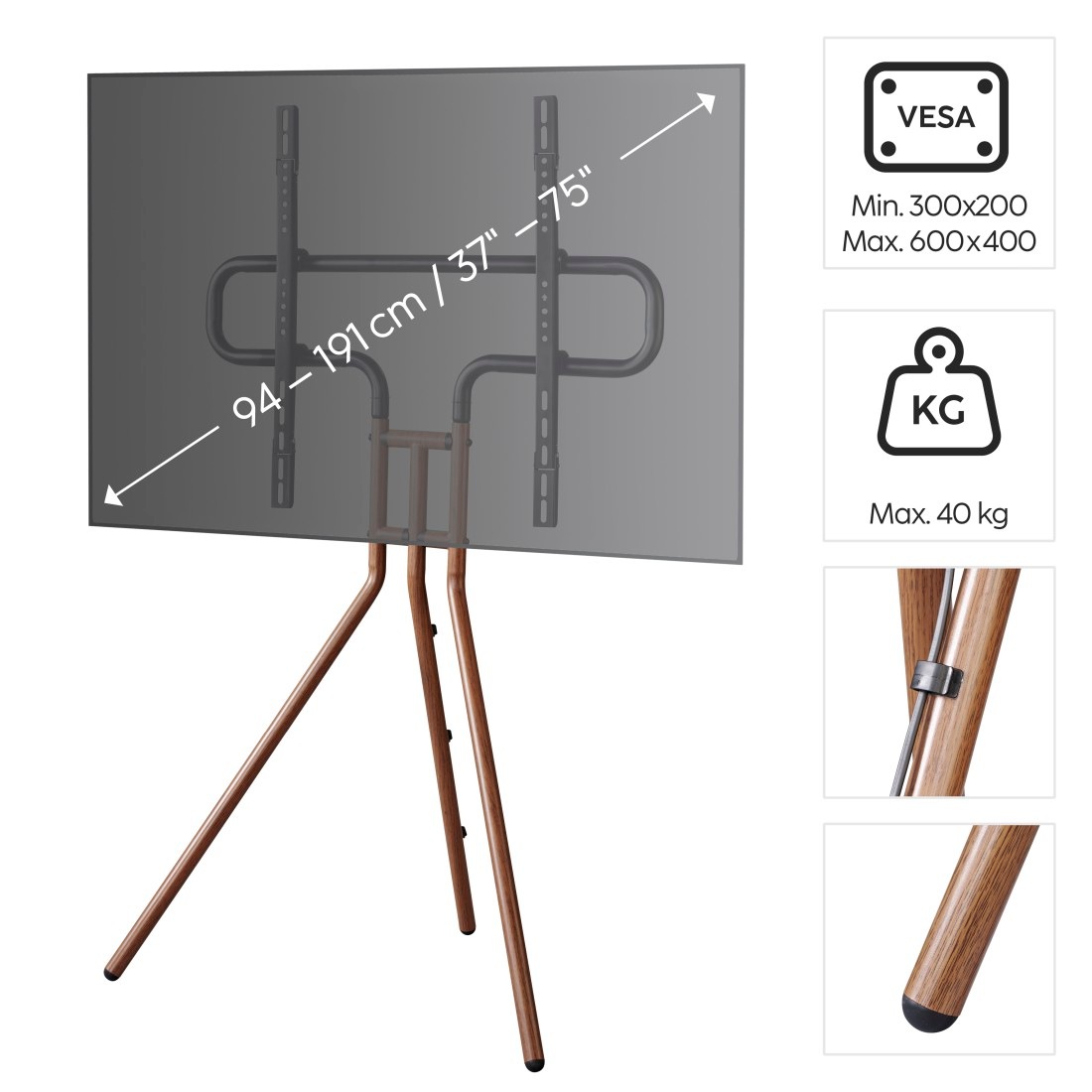 Hama TV-Ständer »TV-Stand, 191 cm, 75 Zoll, höhenverstellbar, Holzoptik Walnuss, 40 Kg«, bis 191 cm Zoll