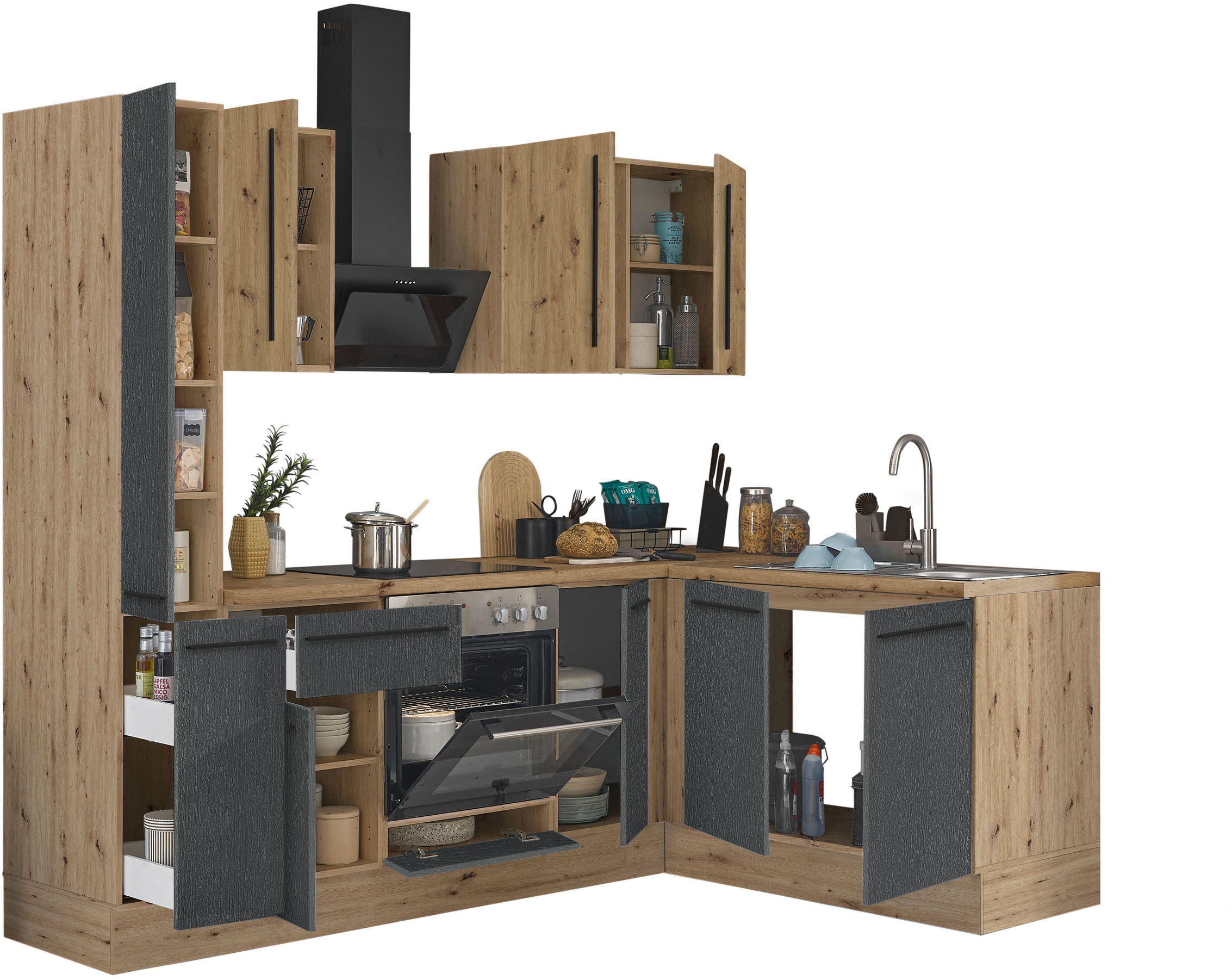 KOCHSTATION Winkelküche »Florida, Stellbreite 240x165 cm«, wahlweise mit E-Geräten, mit Softclose für Türen und Schubkästen