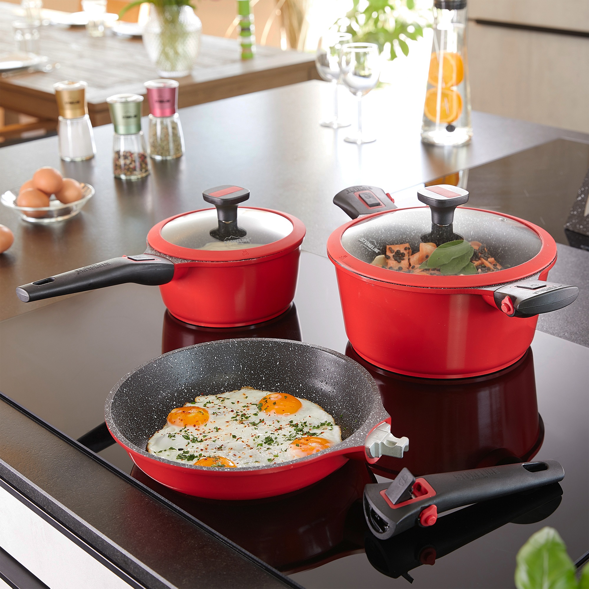 STONELINE Topf-Set »Imagination PLUS«, Aluminiumguss, (8 tlg., Kasserolle 18 cm, Bratentopf 24 cm, Kochtopf 20 cm, Pfanne 20/24 cm), mit abnehmbaren 3-Stufen-Sicherheitsgriffen, Induktionsgeeignet