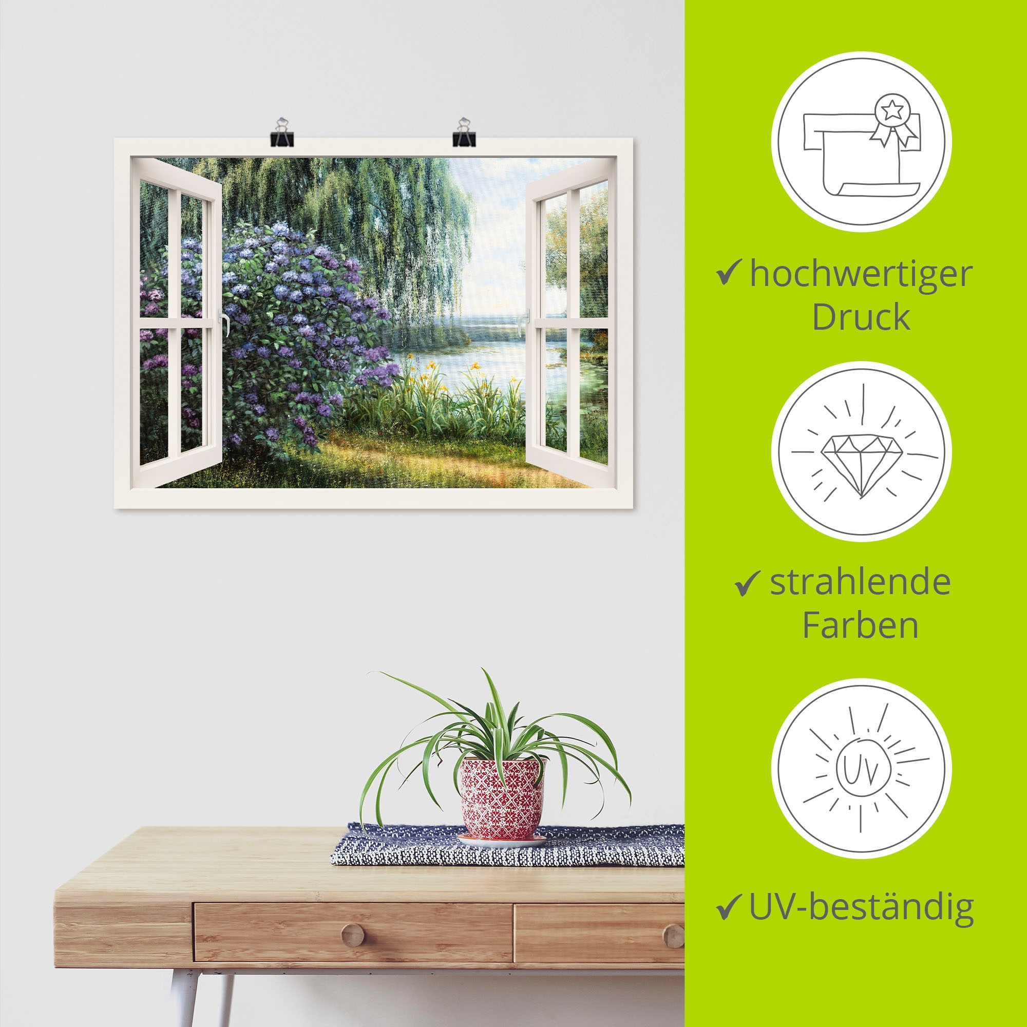 Artland Wandbild »Hortensien am See«, Fensterblick, (1 St.), als Leinwandbild, Poster, Wandaufkleber in verschied. Größen