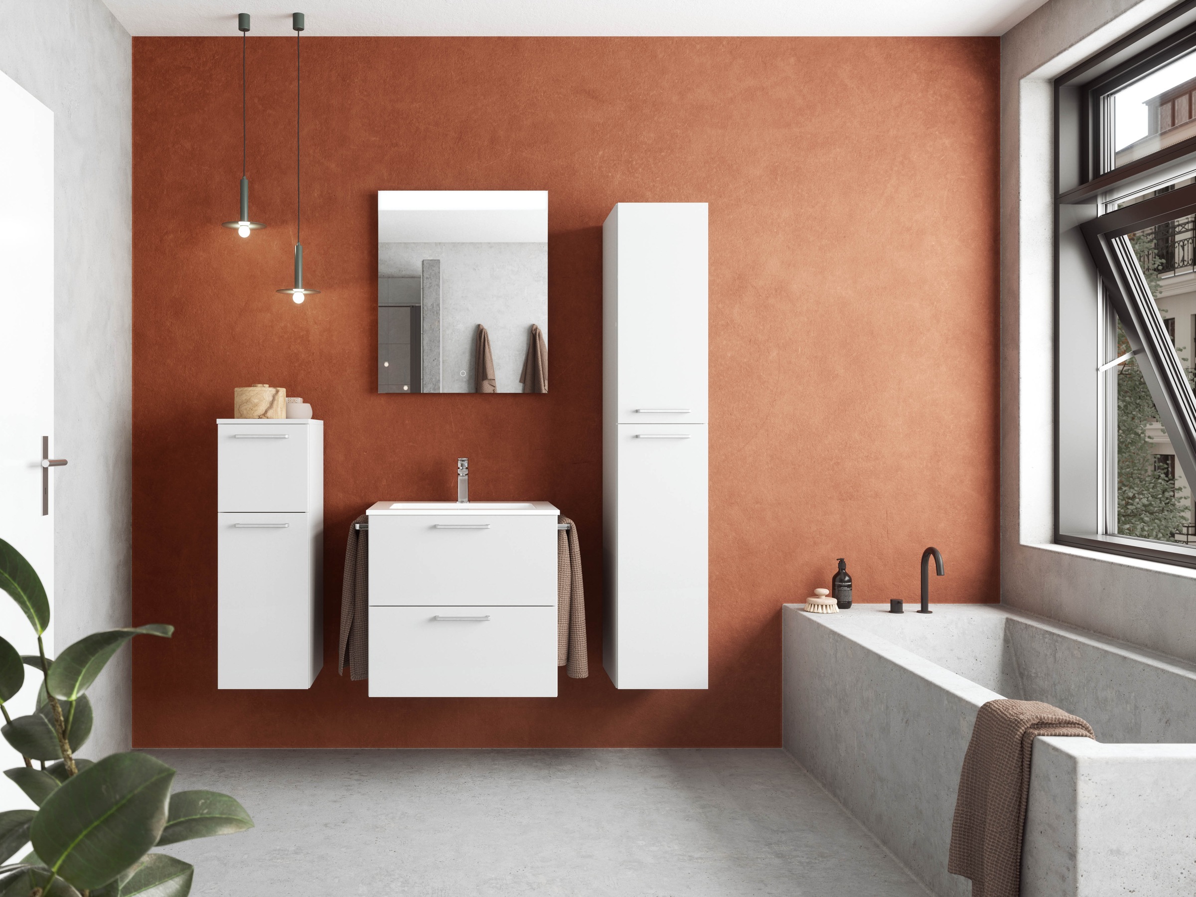 nobilia® Badmöbel-Set »Tolvina«, (2 St., vormontiert, mit Soft-Close), Hochglanz, inkl. Spiegel mit Touch-Sensor, in vier Breiten