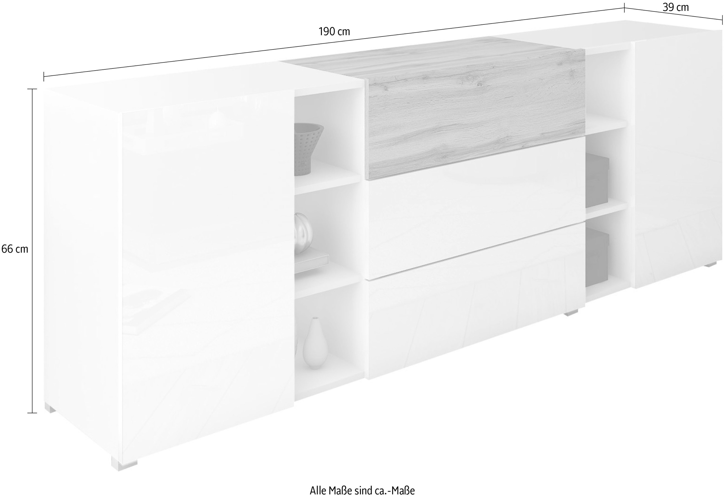 INOSIGN Sideboard »BERLIN«, Moderne grifflose Kommode Breite 190 cm, offene Fächern/ Schubladen