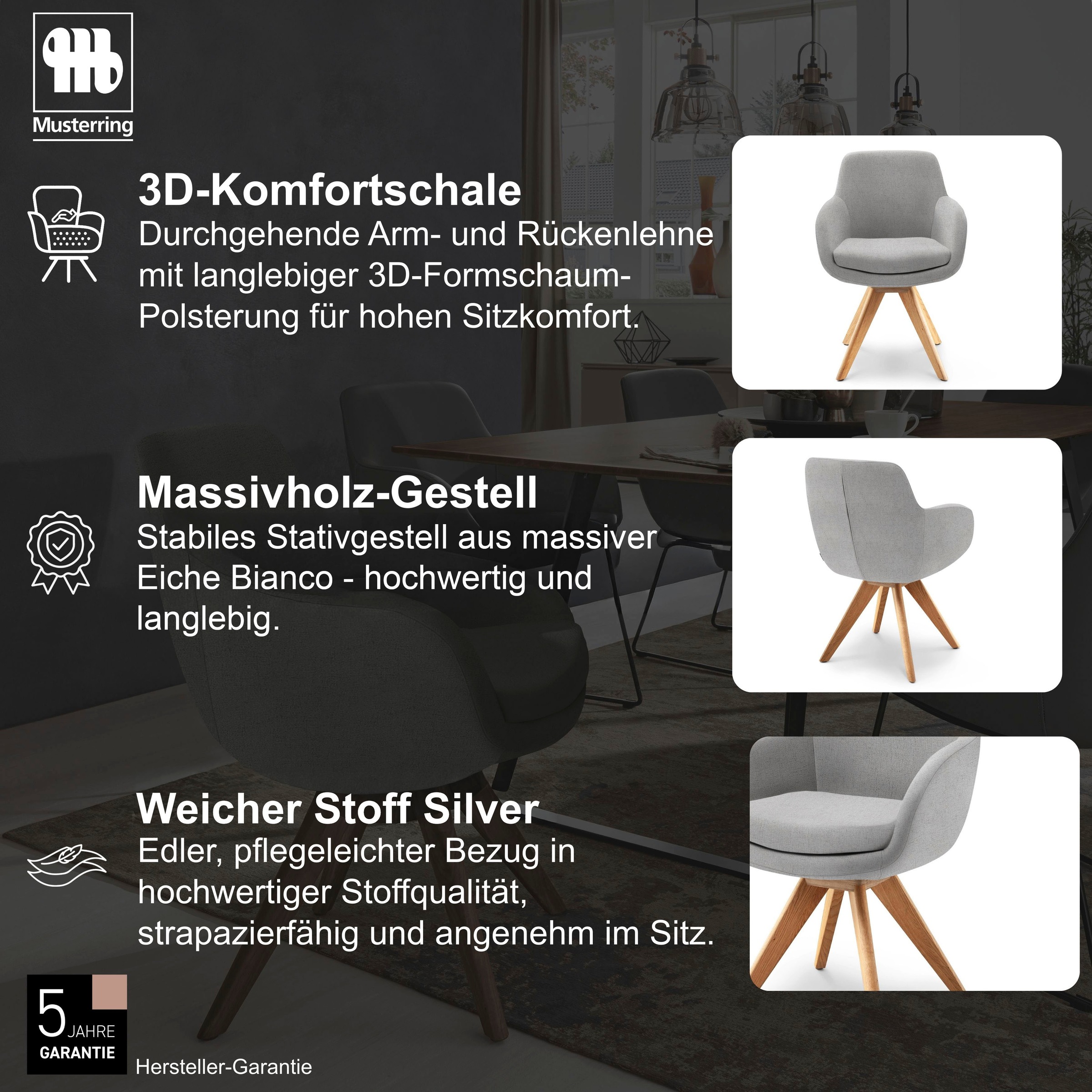 Musterring Esszimmerstuhl »Tavia« (Set) 2 Stk.Stativgestell Eiche Bianco, Drehfunktion optional, diverse Farben