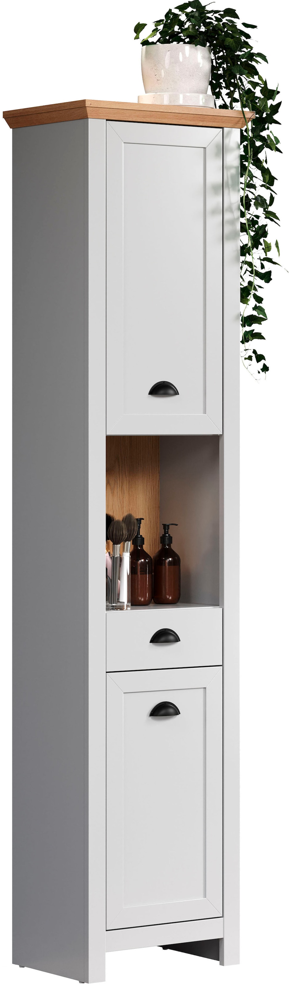 Home affaire Hochschrank, Badmöbel mit Muschelgriffen im Landhaus-Look - (B/T/H) 46/33/191 cm
