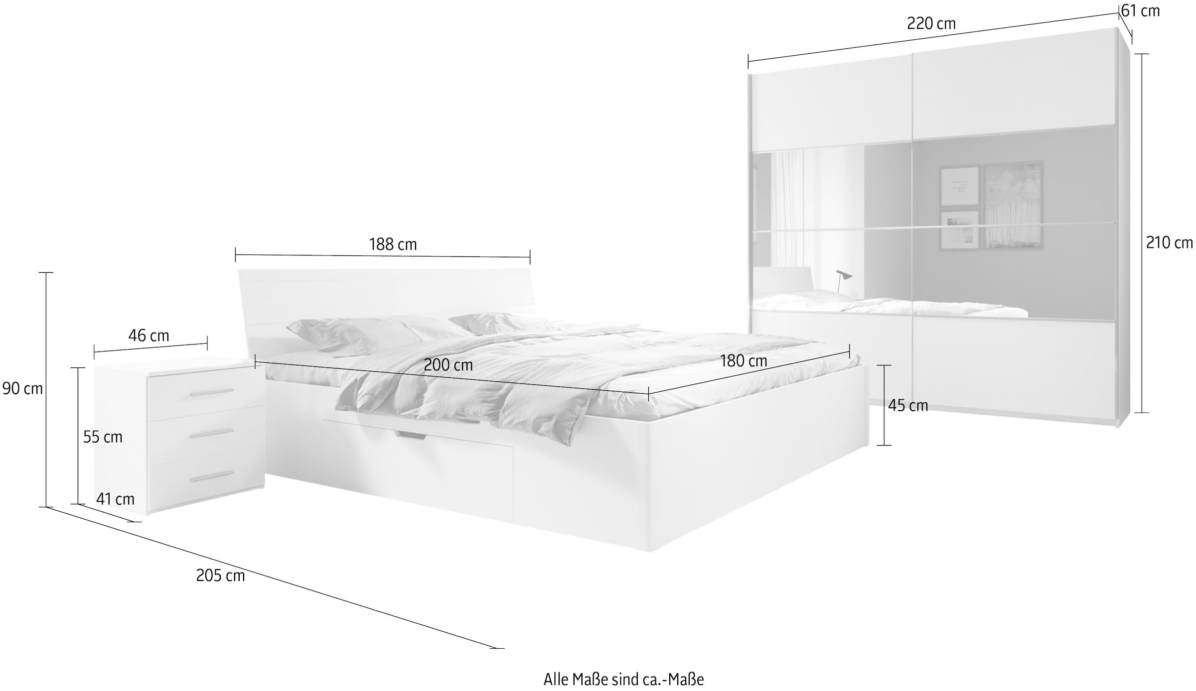 INOSIGN Schlafzimmer-Set »Beta Komplettschlafzimmer in 3 Farben und 2 Bettgrößen,«, (4 tlg.), wahlweise in 3 Farben und 2 Bettgrößen