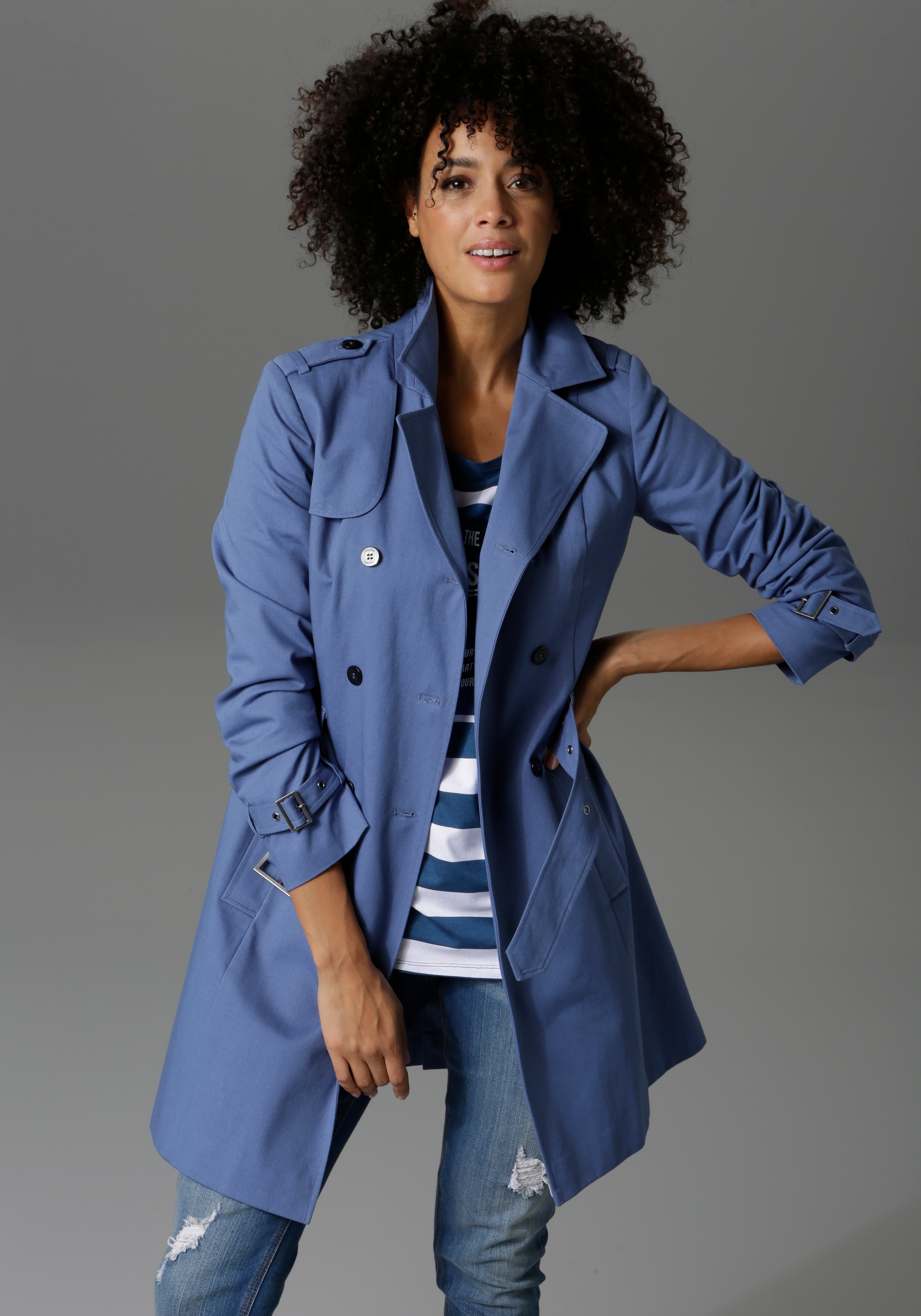 ANISTON CASUAL Trenchcoat mit Gürtel zum Regulieren rauchblau 34 34 Trenchcoat mit leichtem Satin-Futter