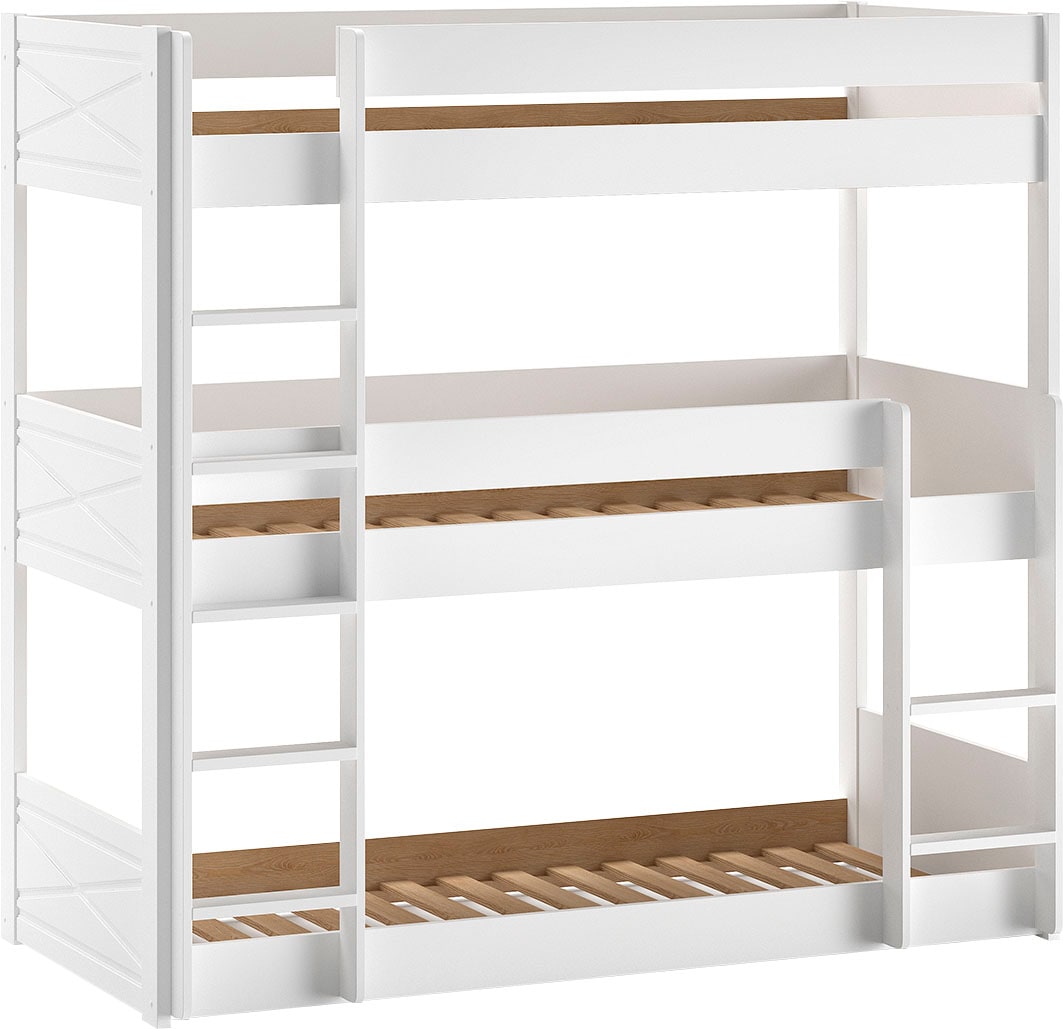 Vipack Etagenbett, (Made in Europe), mit 3 LF á 90x200 cm und Rollrost, stabil gebaut, Kiefer massiv weiß