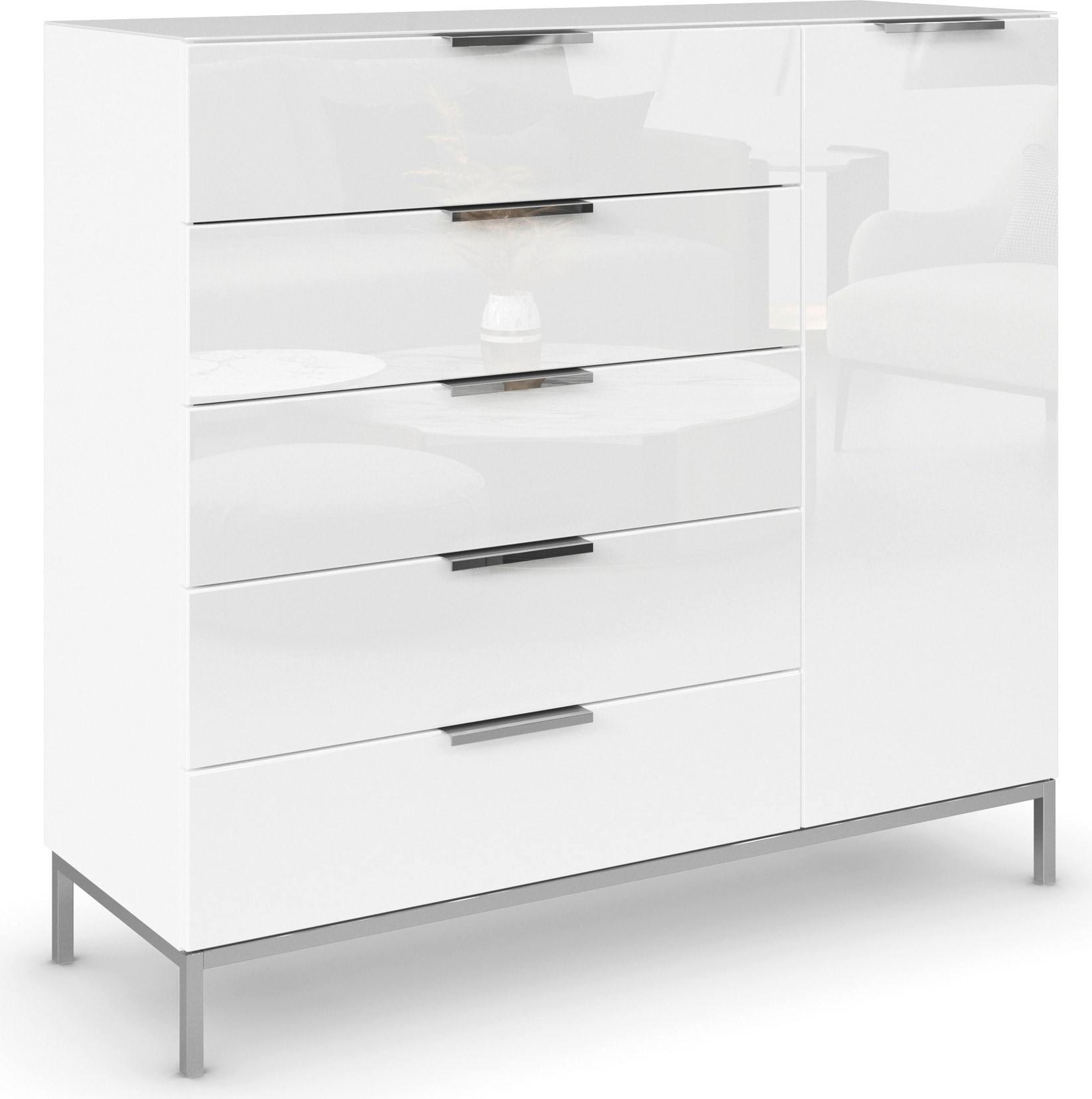 RAUCH Kombikommode »Kommode Türkommode Sideboard Kombikommode FLIPP mit Glasfront« Breite 120 cm mit 2 Einlegeböden, 1-türig, 5 Schubladen,...