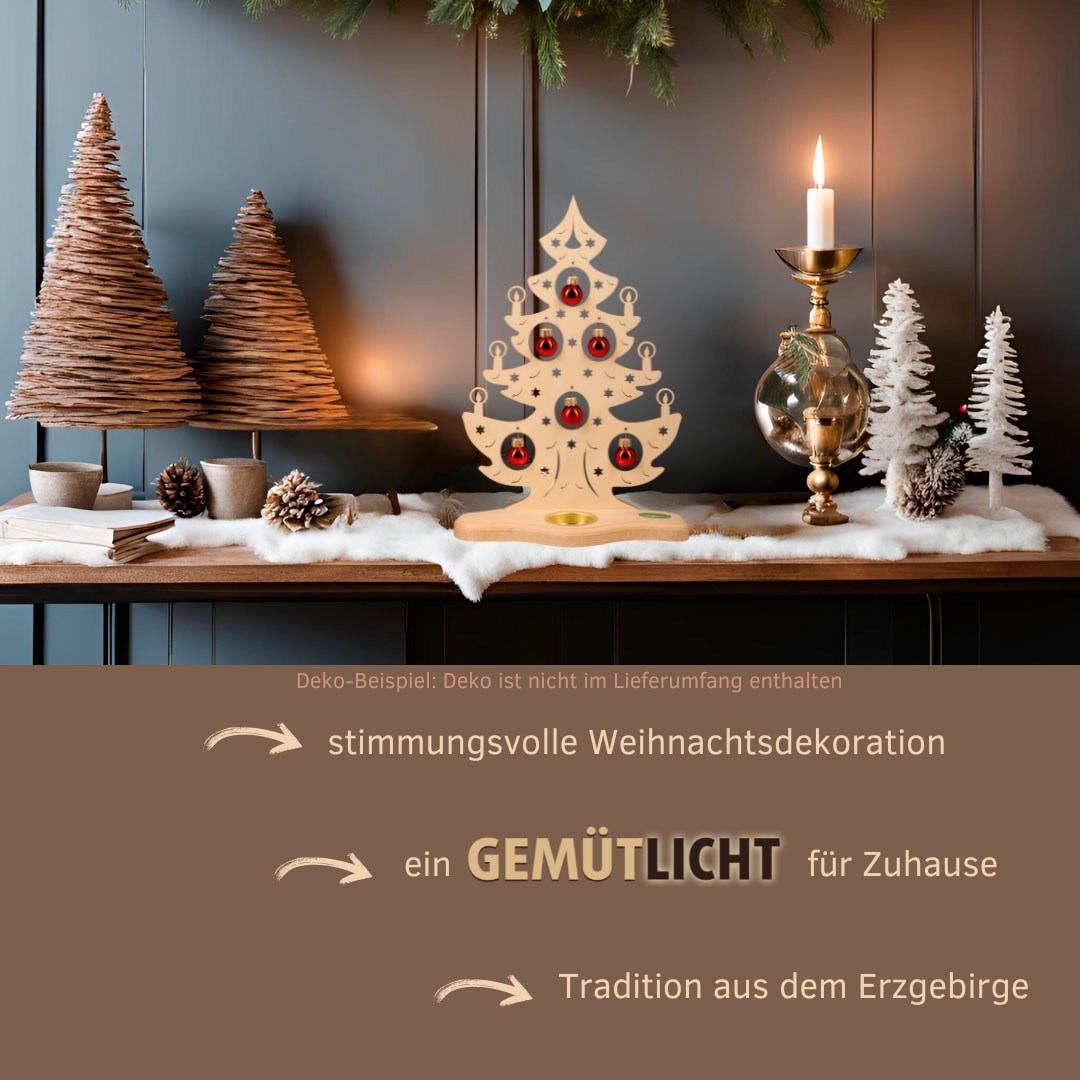 Weigla Teelichthalter »Weihnachtsbaum mit roten Kugeln, NATUR«, Erzgebirge garantiert, Weihnachtsdeko Innen, Weihnachtsbeleuchtung