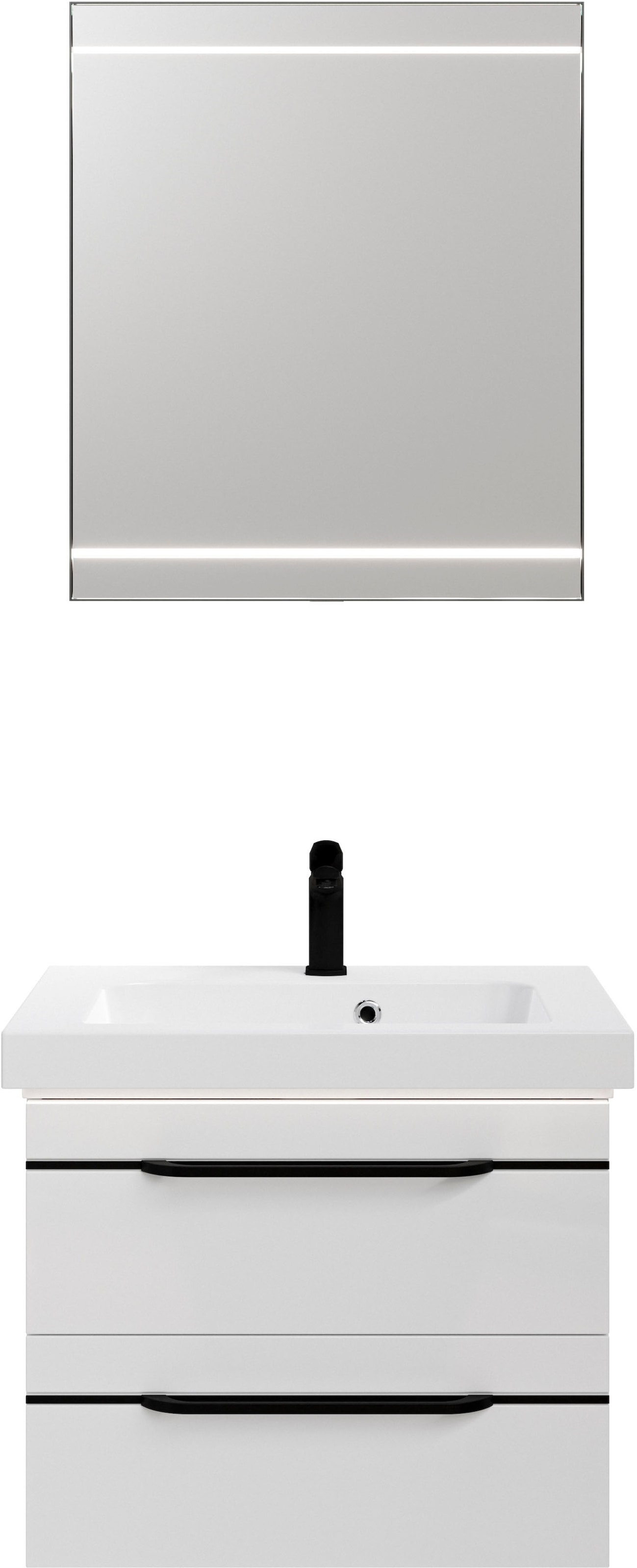 Saphir Badmöbel-Set »Balto 2-teilig Mineralmarmor-Waschtisch mit LED-Spiegel, Waschplatz«, (2 St.), 64,4 cm breit, mit 2 Schubladen, Badschrank inkl. Schubladendämpfer