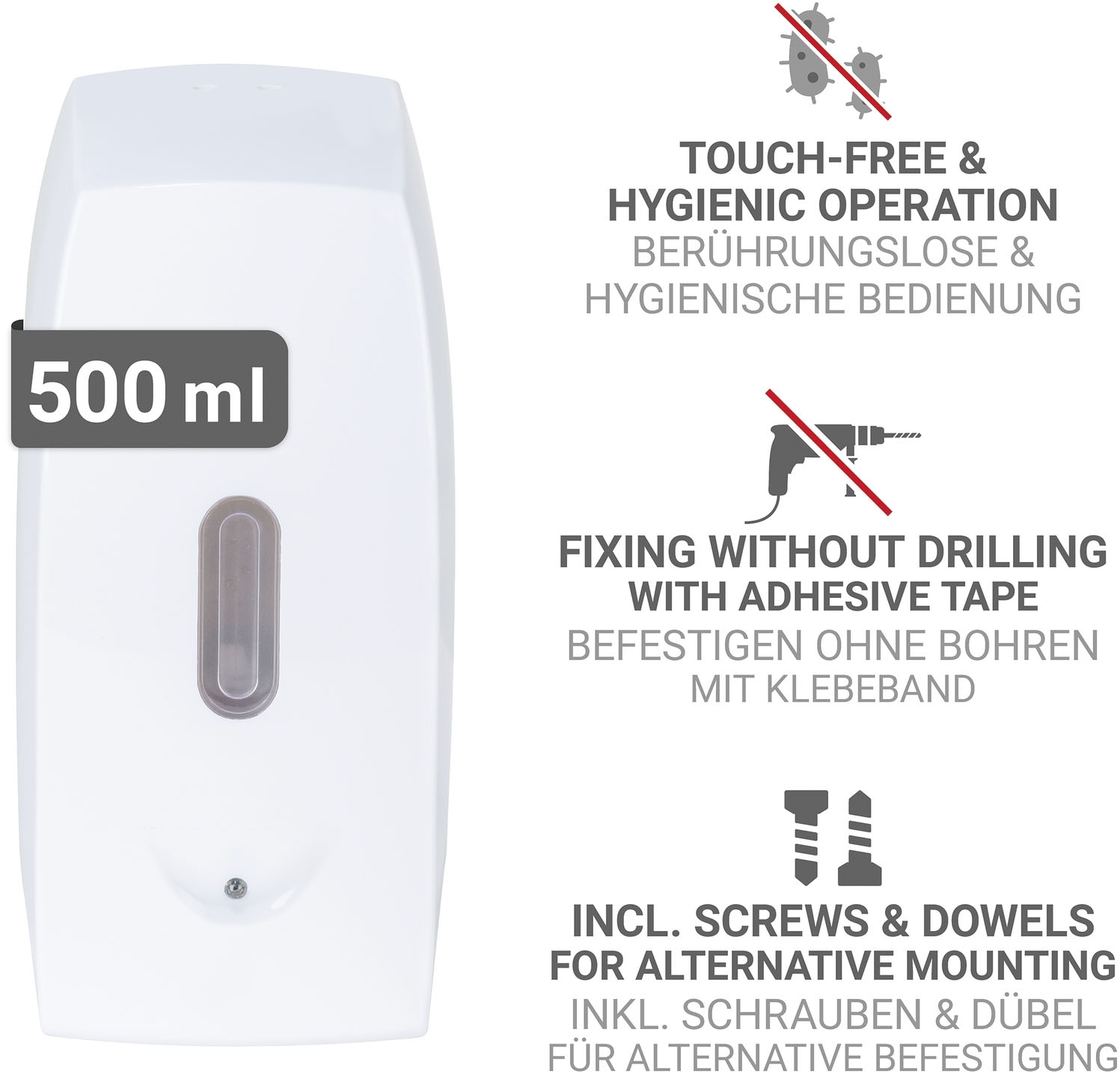 WENKO Seifenspender »Tirano« automatischer Dosierspender mit Sensor, Befestigen ohne Bohren, 500 ml