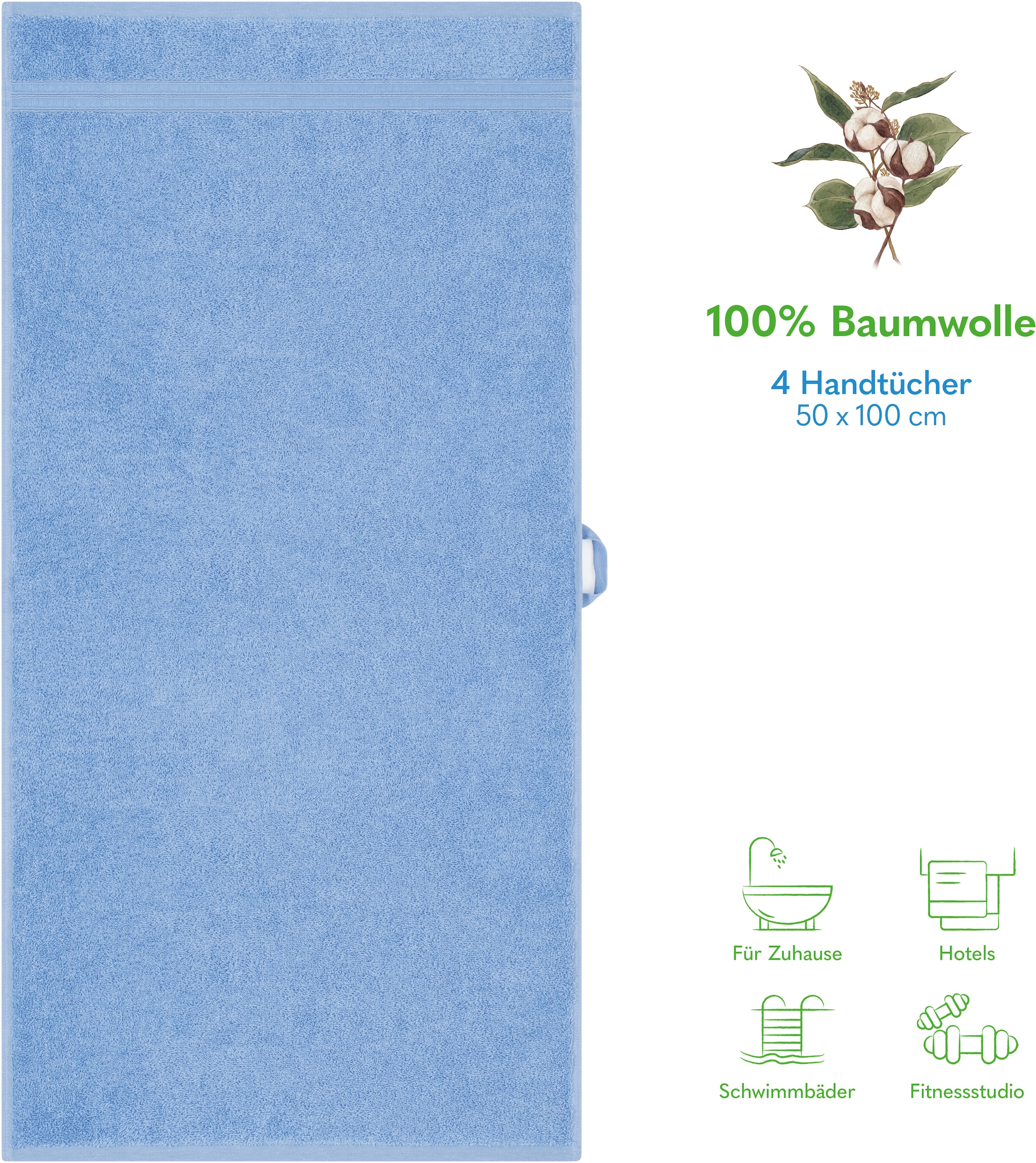 HAMMETEX Handtuch Set »4er Set Handtücher 50x100 cm, 100% Baumwolle, Weich & Saugstark«, (Set, 4 St., 4), mit Bordüre, einfarbig, weich