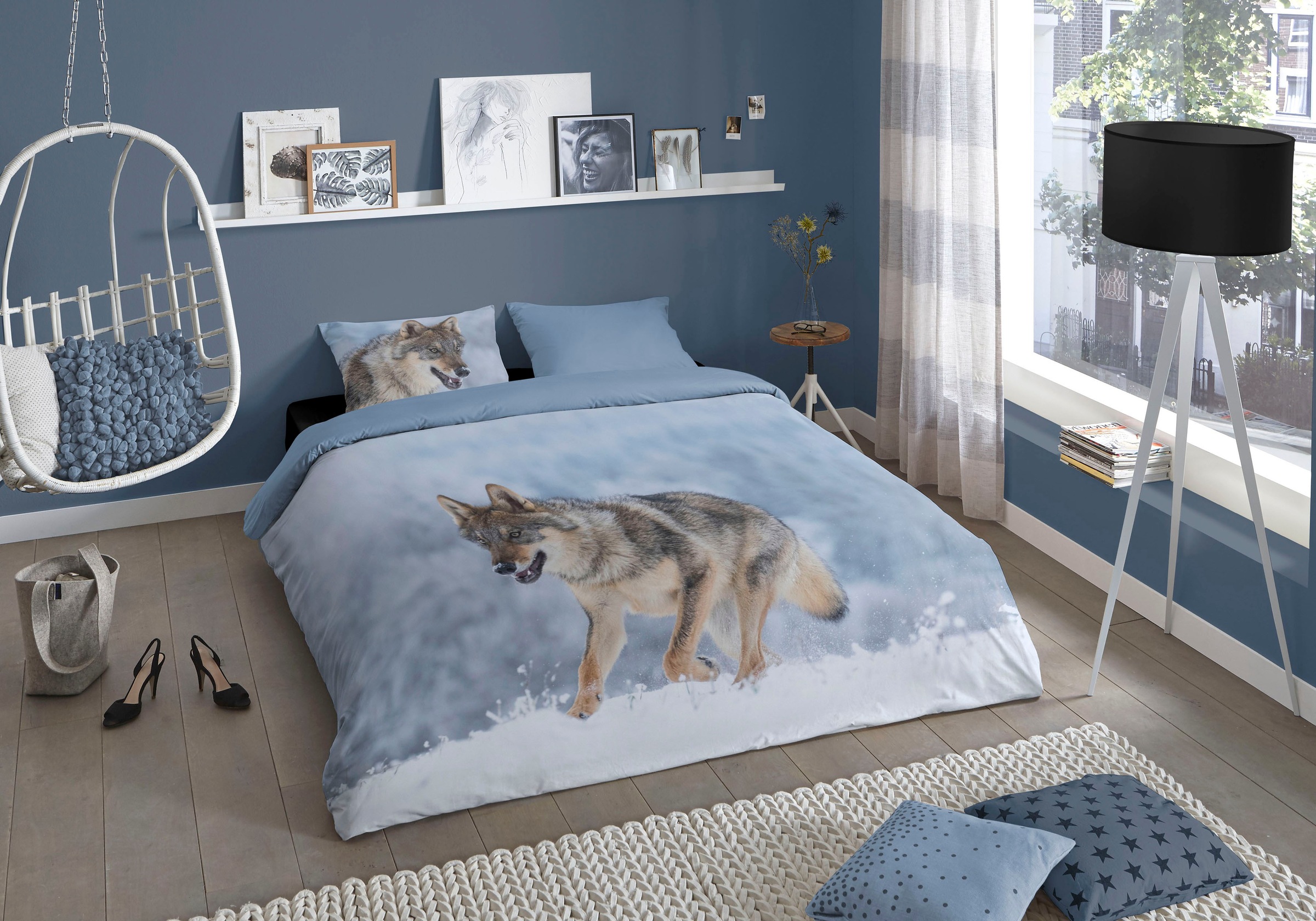 good morning Wendebettwäsche »Snow Wolf«, 100% Baumwolle, 200x200, 3 Teilig, Reißverschluss, Wendeoptik, Winter