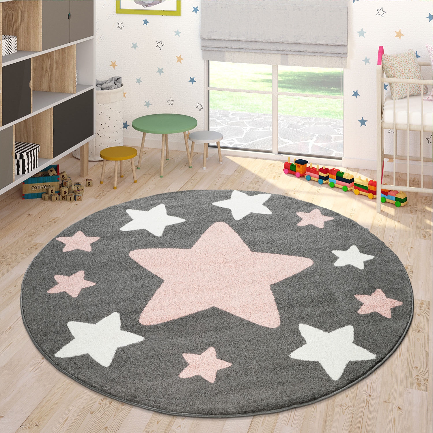Paco Home Kinderteppich »Capri 330«, rund, 11 mm Höhe, Kurzflor, Motiv Sterne, Pastell-Farben, Kinderzimmer