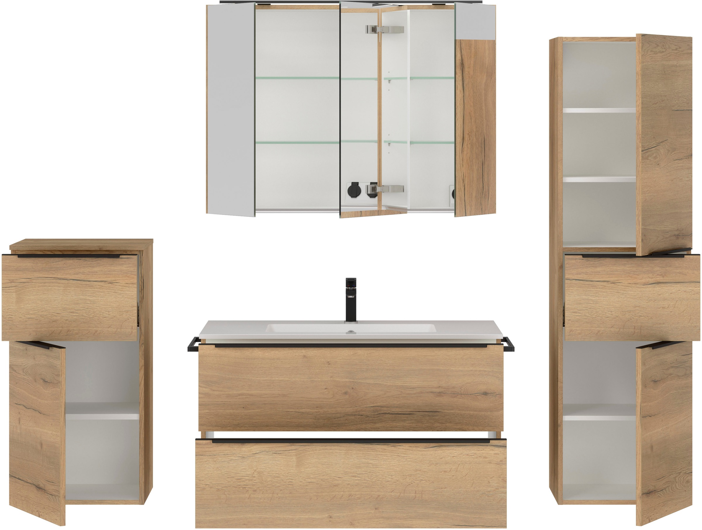 nobilia® Badmöbel-Set »Levere«, (4 St., vormontiert, mit Soft-Close), inkl. Spiegelschrank mit Beleuchtung und Dimmerfunktion, in 4 Breiten