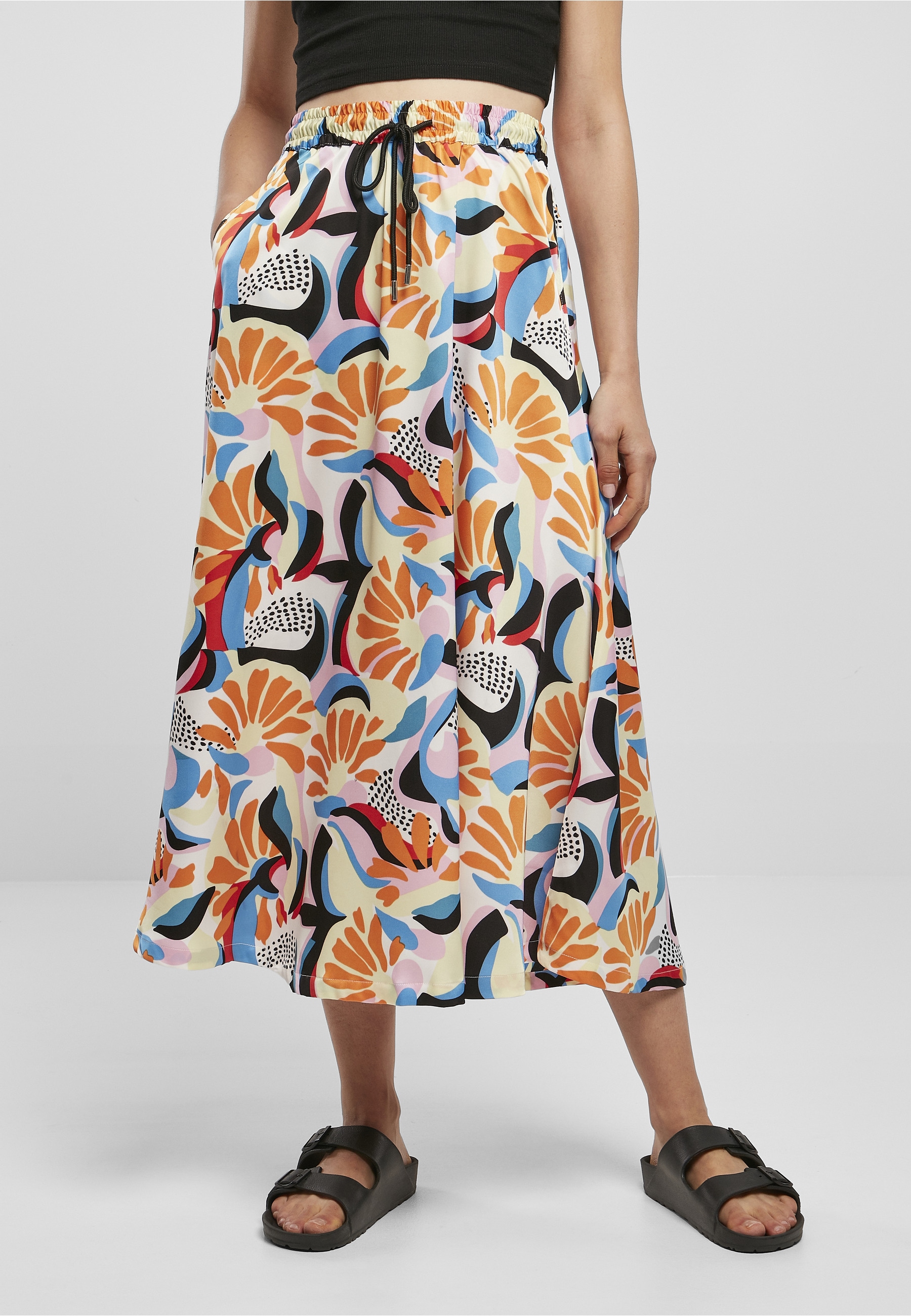 URBAN CLASSICS Jerseyrock »Urban Classics Damen Ladies AOP Satin Midi Skirt« 1 Stk.