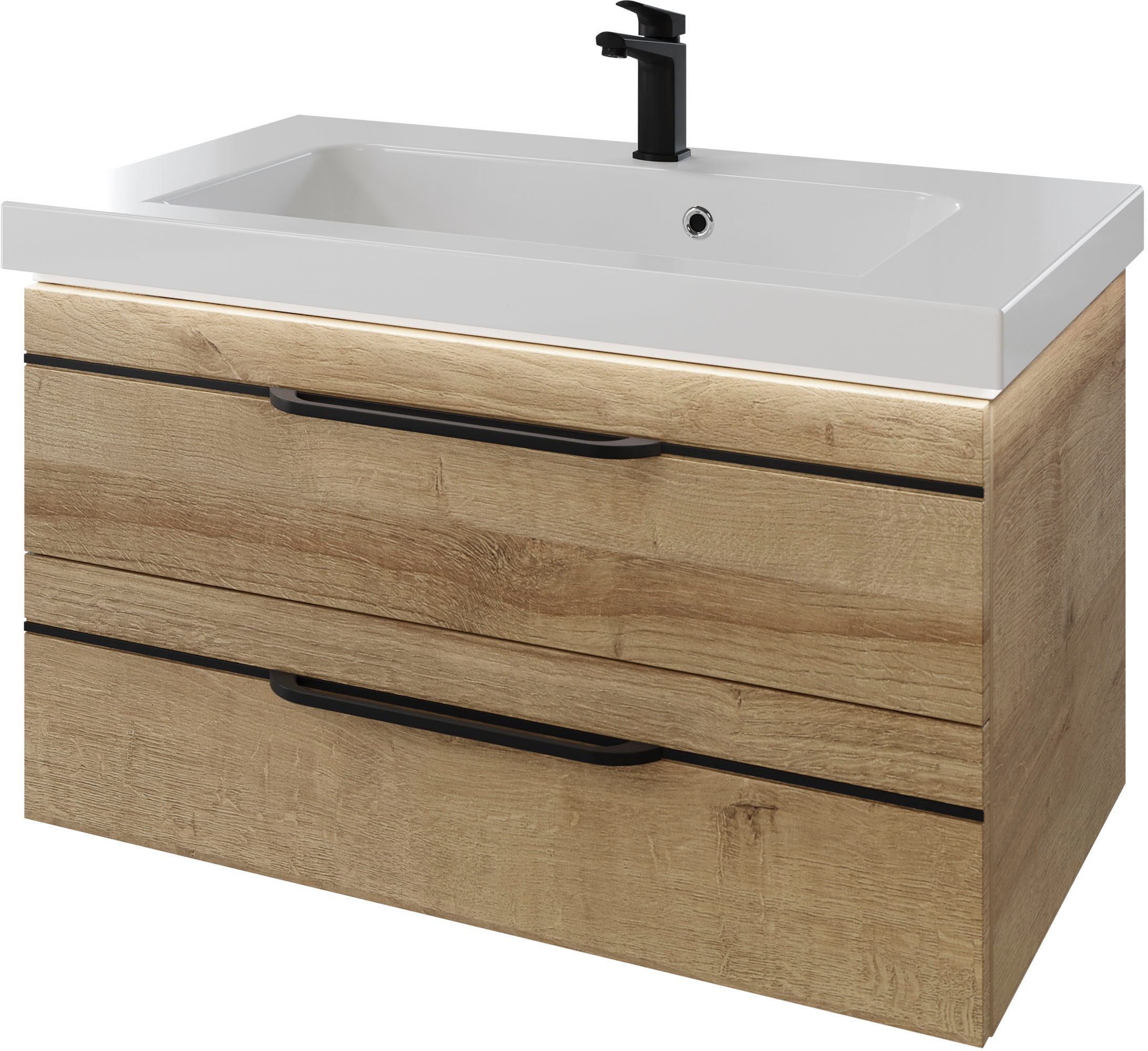 Saphir Badmöbel-Set »Balto 2-teilig Mineralmarmor-Waschtisch mit LED-Spiegel, Waschplatz«, (2 St.), 92 cm breit, mit 2 Schubladen, Badschrank inkl. Schubladendämpfer