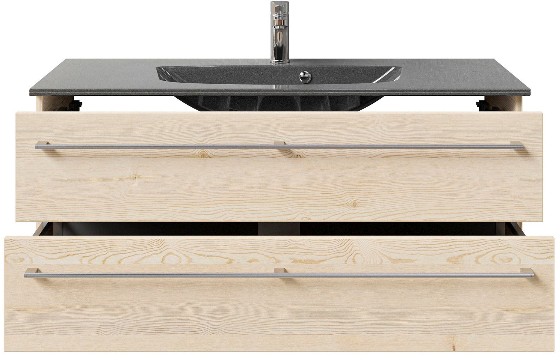 Saphir Badmöbel-Set »Serie 6025 2-teilig Mineralmarmor-Waschtisch mit LED-Spiegelschrank«, (2 St.), Waschplatz 117cm breit, 2 Schubladen, 3 Spiegel-Türen, inkl Türdämpfer