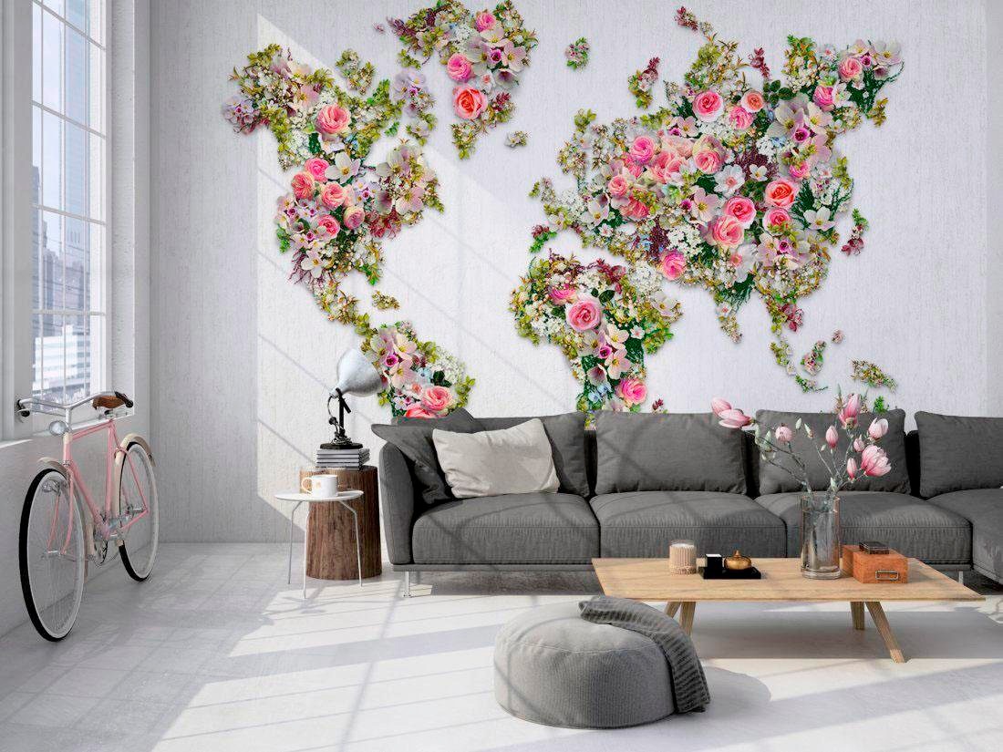 living walls Vliestapete »Weltkarte aus Rosen Vlies«, Blumige Fototapete Landkarte Floral 4,00m x 2,70m Weiß Grün Rosa