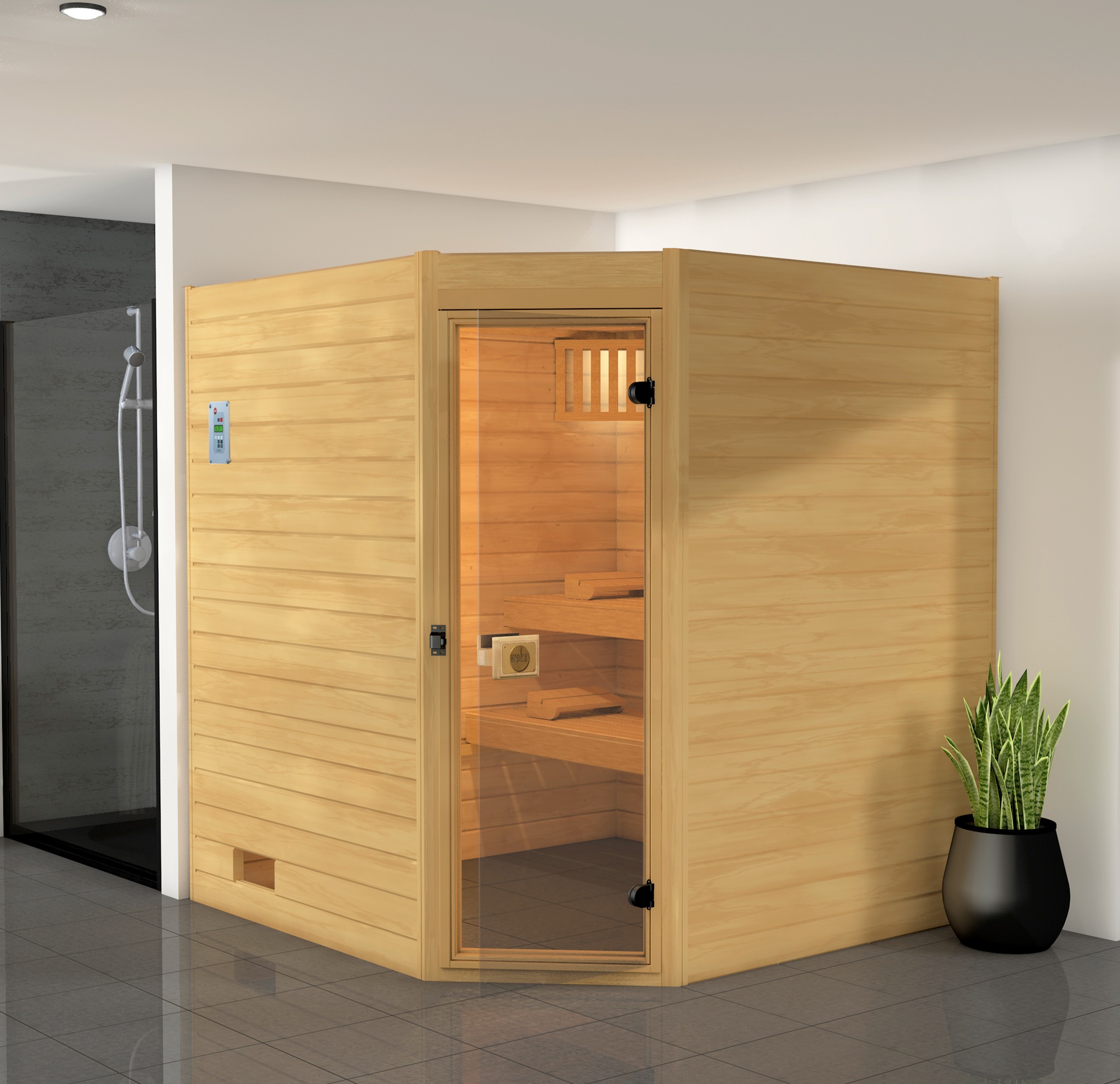 weka Sauna »Vaasa 2 Eck«, 7,5 kW Bio-Kombiofen mit ext. Steuerung