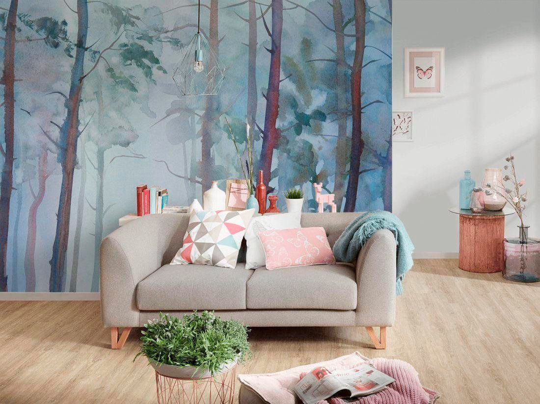 living walls Fototapete »Aquarellwald Vlies«, Fototapete Wald Aquarell Bunt 3,50 m x 2,55 m Tapete