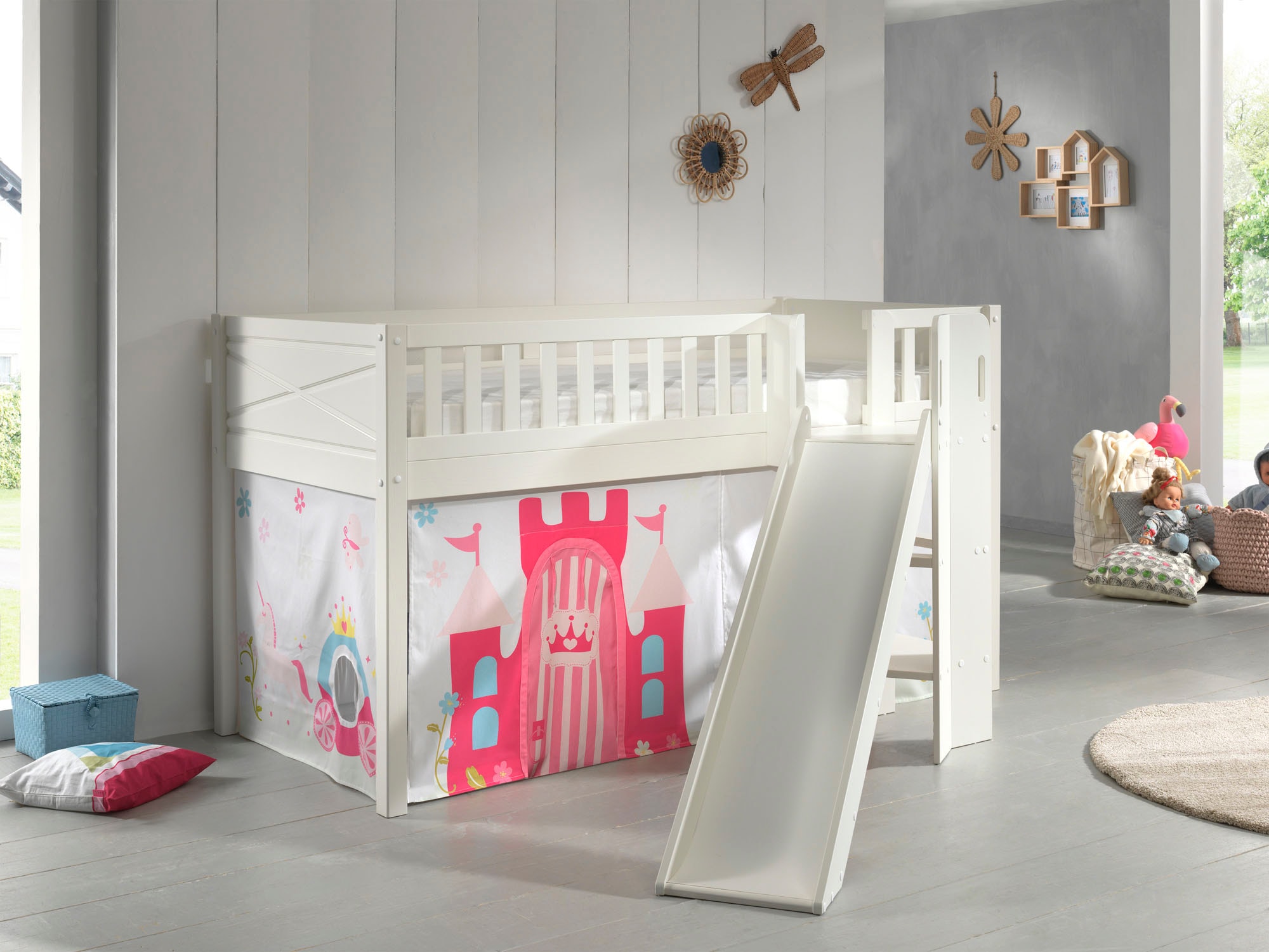 Vipack Hochbett »Scott«, (Made in Europe), m. Rutsch-/Leiterturm, LF 90x200 cm, Vorhang, Tunnel, 4 Designs