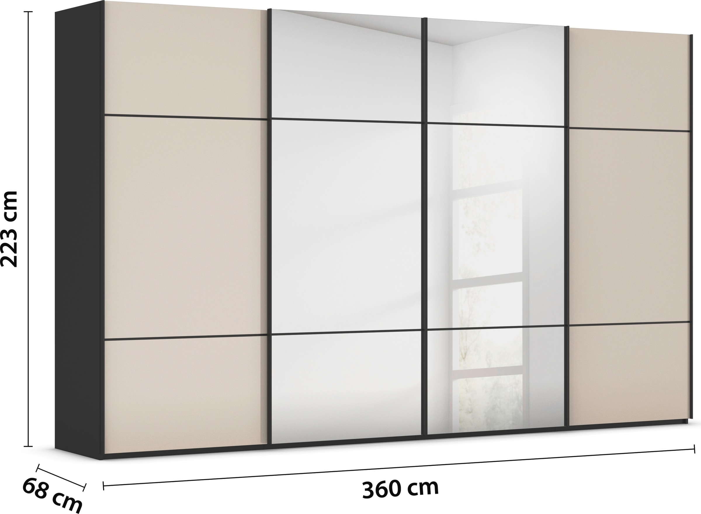 rauch Schwebetürenschrank »Kleiderschrank Schrank Garderobe Schlafzimmerschrank SCALE-TRIO«, edle dreigeteilte Front mit 2 Zierleisten Spiegel/Glas MADE IN GERMANY