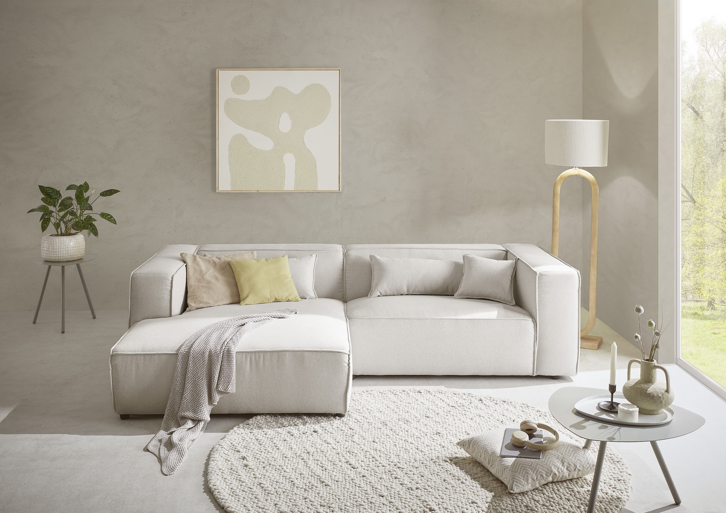 LeGer Home by Lena Gercke Ecksofa »PIARA mit Kedernaht, Cord, Leinenoptik o. Strukturstoff, Couch, L-Form«, wahlweise Ottomane rechts/links, schwarze Füße, bequemer Sitzkomfort