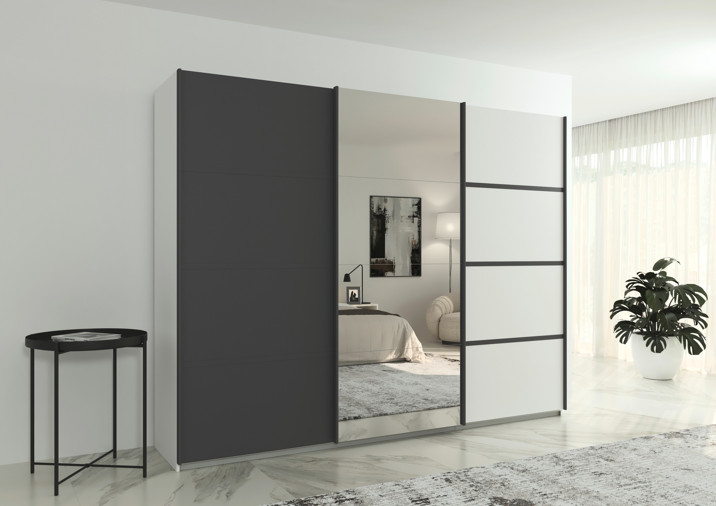 rauch Kleiderschrank »Schwebetürenschrank OTTO´s Choice Garderobe Schrank TOP ANGEBOT Avola«, (in 3 verschiedenen Ausstattungen BASIC/CLASSIC/PREMIUM inkl. Spiegel), mit eleganten Zierleisten in Chrom, Schwarz oder Weiß MADE IN GERMANY