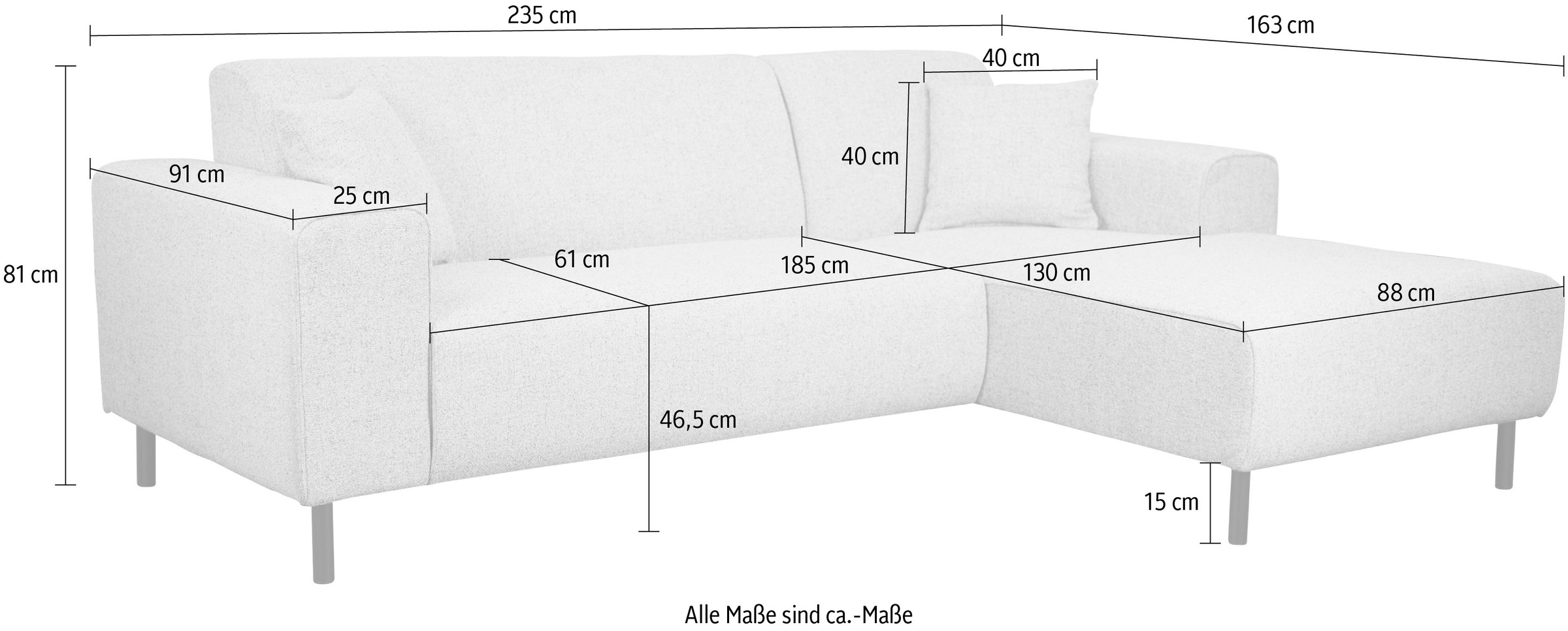 Home affaire Ecksofa »ARROS L-Form mit Wellenunterfederung, Maße B/T/H: 235/163/81 cm«, incl. Zierkissen, mit Recamiere rechts/links bestellbar, auch in Cord