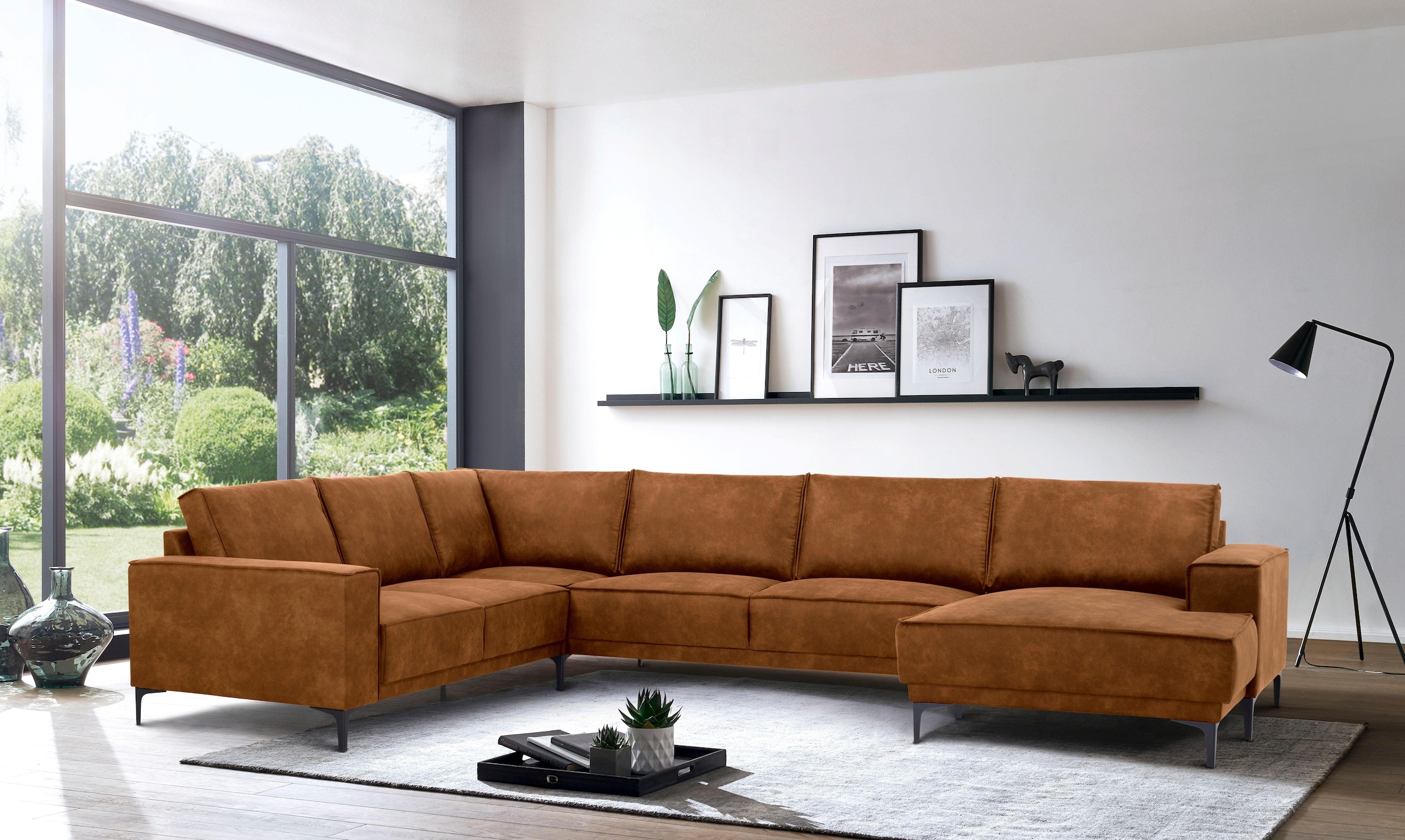 Places of Style Wohnlandschaft »XXL Sofa Oland, Struktur, Flachgewebe, Luxus-Microfaser, Boucle«, U-Form, 342 cm, Wellenunterfederung, Skandi-Design, Metallfüße