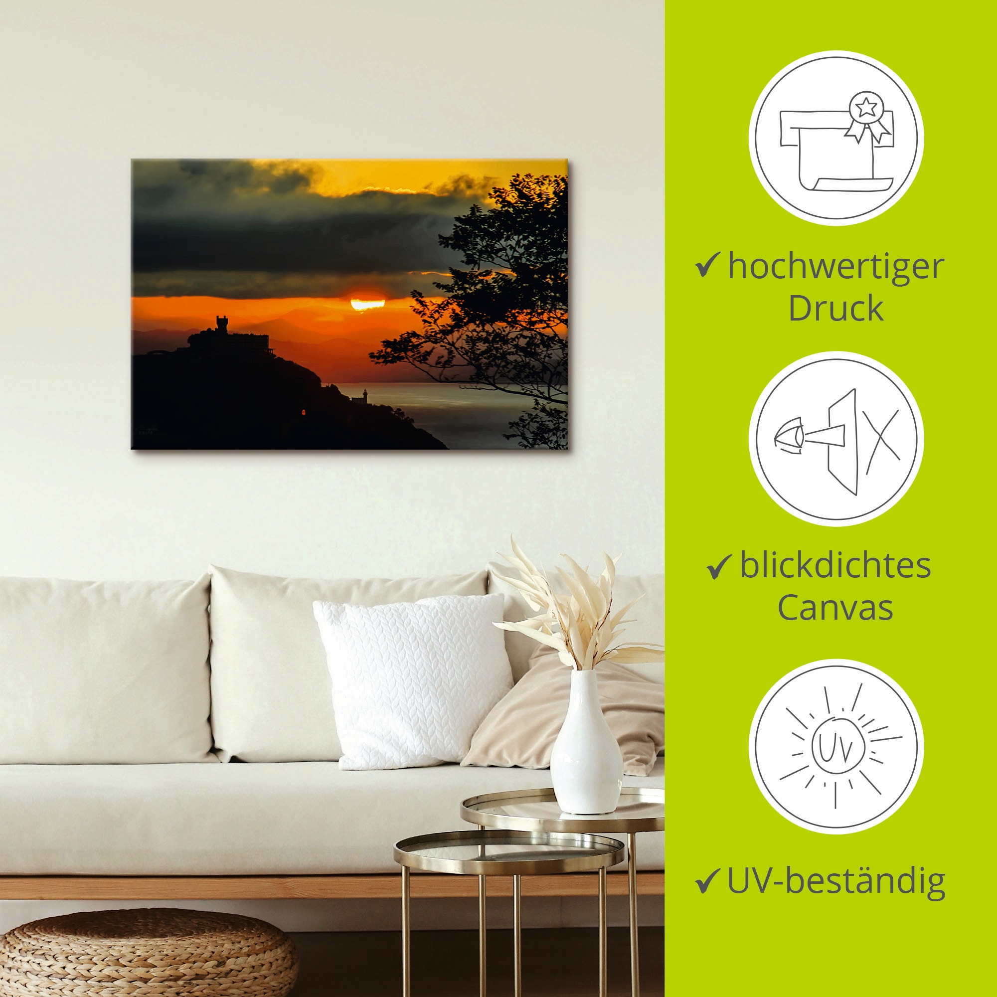Artland Wandbild »Sonnenuntergang San Sebastian Donostia«, Sonnenaufgang & -untergang (1 Stück), in vielen Größen & Produktarten - Alubild / Outdoorbild, Leinwandbild, Poster, Wandaufkleber / Wandtattoo auch für Badezimmer geeignet