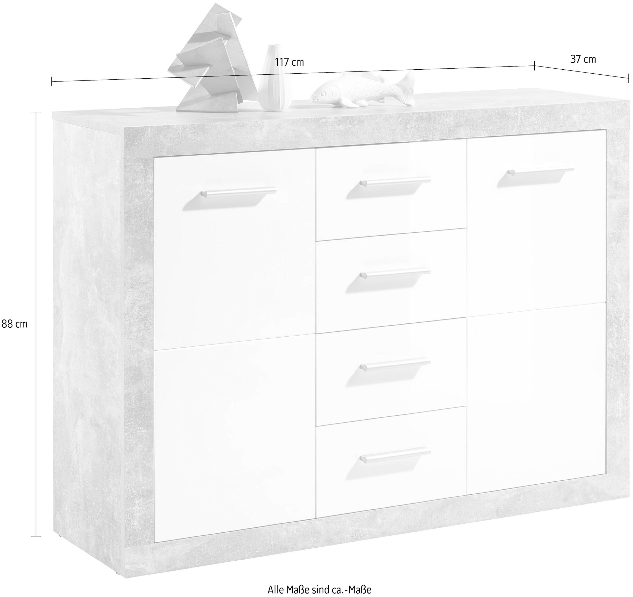 HBZ Kommode »Stone 2 weiß Glanz, BxHxT 117x88x37 cm«, Kommode mit 2 Türen, 4 Schubkästen, 2 Einlegeböden
